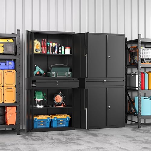 Vista 182 de Gabinete de metal de 72 pulgadas, armario de almacenamiento con bloqueo con 2 puertas y 5 estantes ajustables, gabinete de herramientas de acero