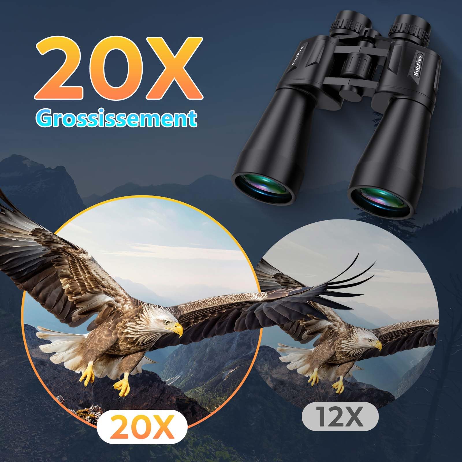 Jumelles compactes 20 x 60 pour Adultes, Haute Puissance, étanches et antibuée pour Observation des Oiseaux avec Vision en Faible luminosité, Chasse, Voyage, Sac de Transport Inclus