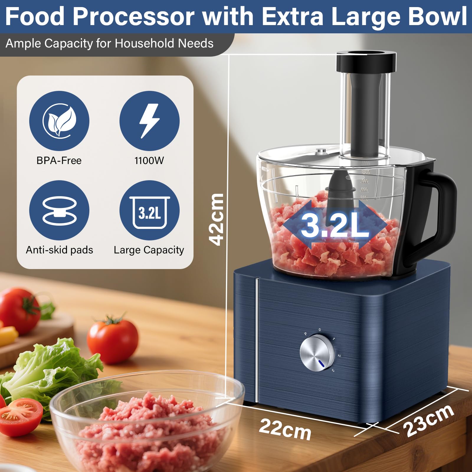 SNDOAS Küchenmaschine, 1100W Multifunktional Food Processor, 3,2 L Rührschüssel Teig Kneten, Küchenmaschine Zerkleinerer, 1,5 L mixer, Mahlwerk, Dunkelblau