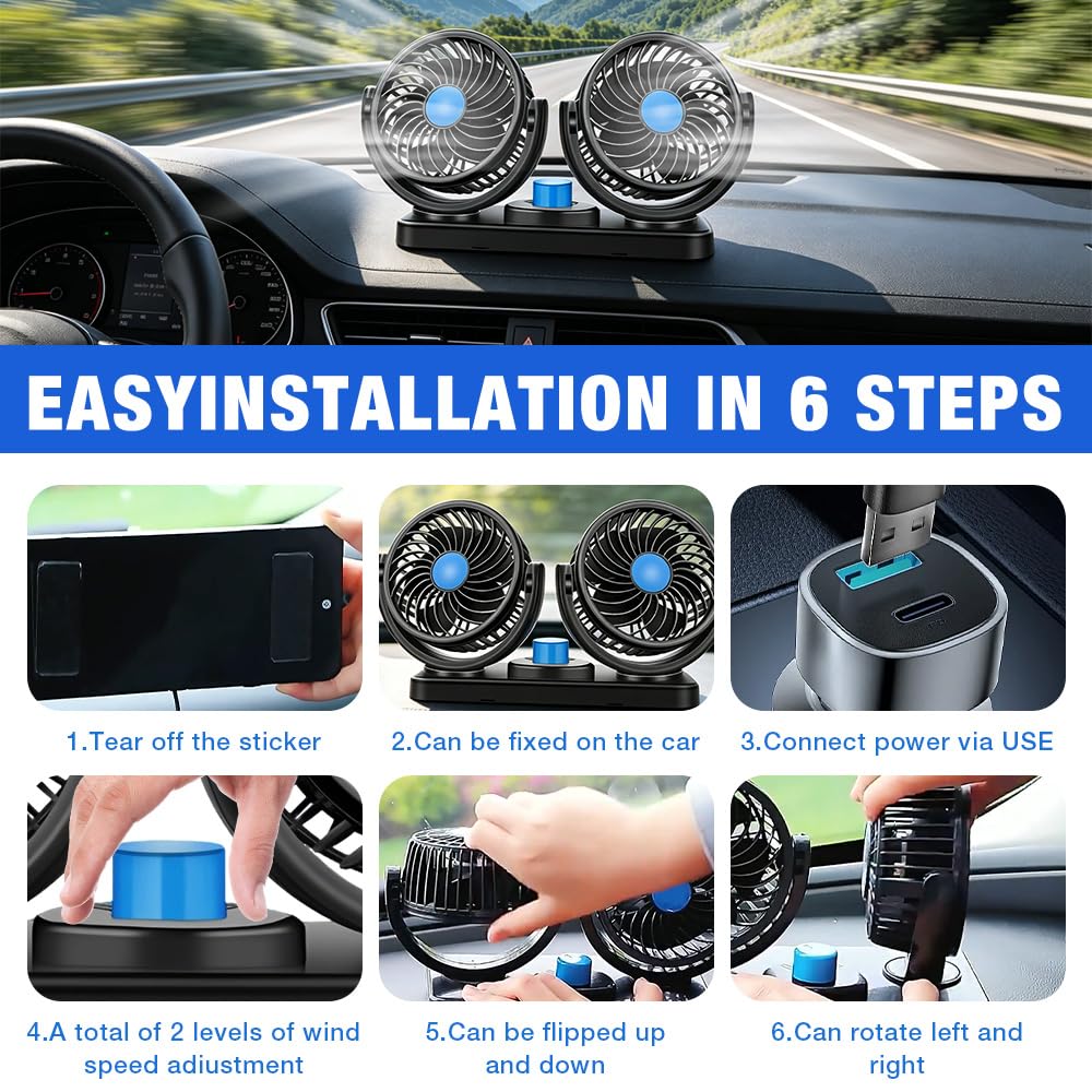 Wentylator samochodowy z podwójną głowicą 12 V, z podwójną głowicą, dmuchawa z 3 prędkościami, obracany o 360°, cichy wentylator do samochodów ciężarowych, łodzi, SUV-ów, kamperów