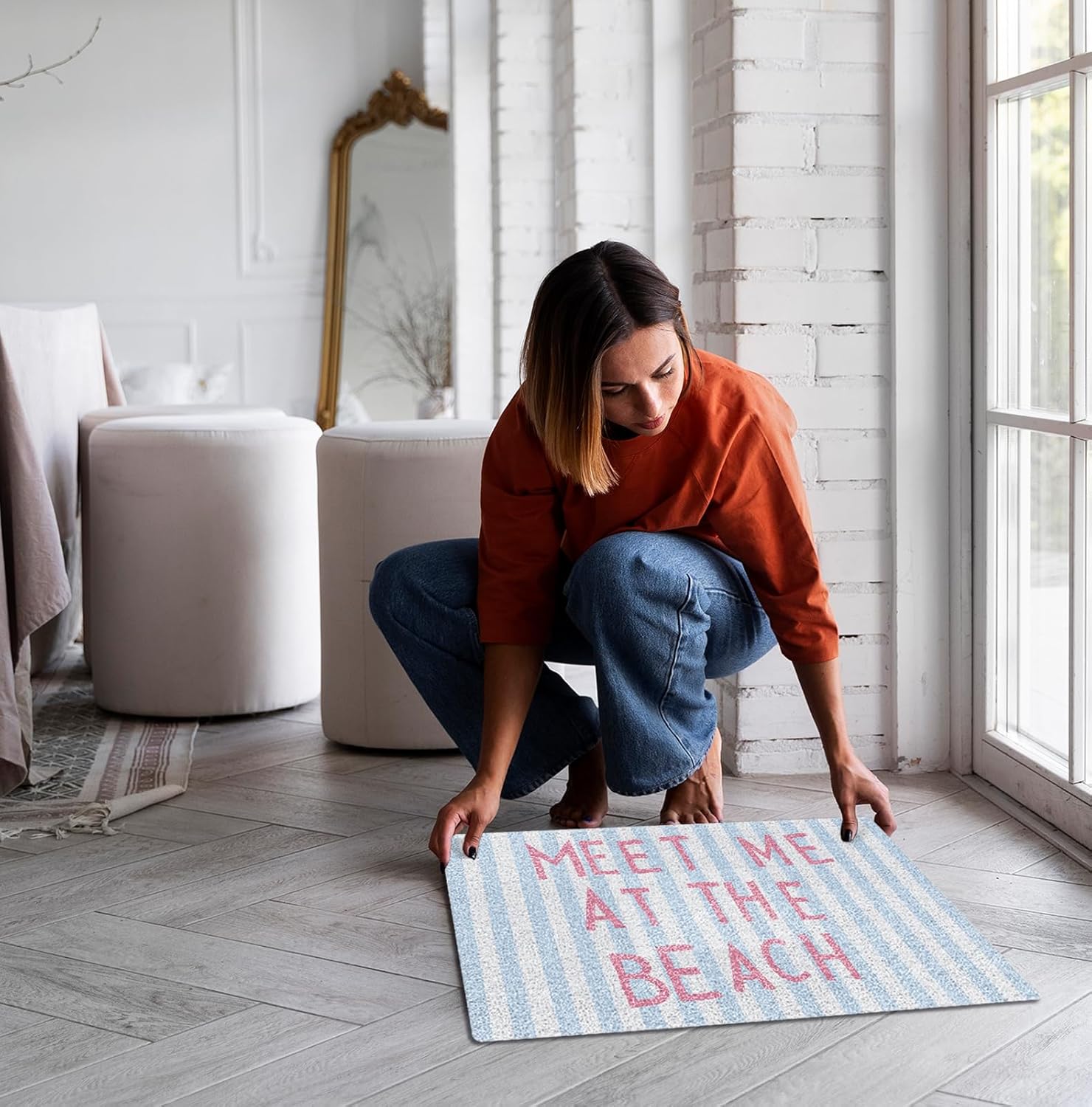 Blue Striped Preppy Beach Door Mat, Meet Me at The Beach Doormat Bathmat for Home Bathroom Indoor Outdoor Entrance Porch, Coastal Nautical Welcome Mats for Front Door Entryway, 17x30 Inches
