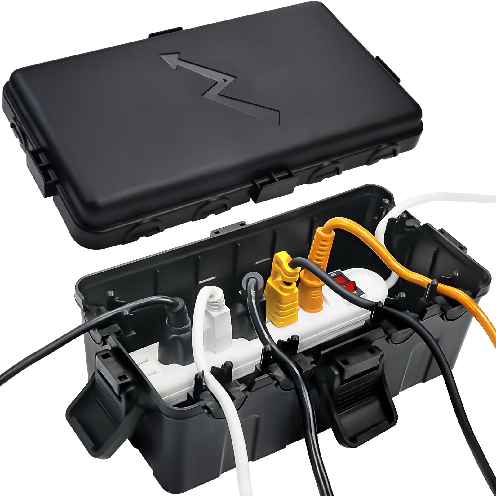 Hrensaw Medium Outdoor Electrical Box(10.6x5.5x4.5inch),IP54 Waterproof Extension Cord Cover w/6 Cable Entry,Weatherproof Connection Box Protect Power Strip,Timer,Plug,Holiday Lights,Black-image-6