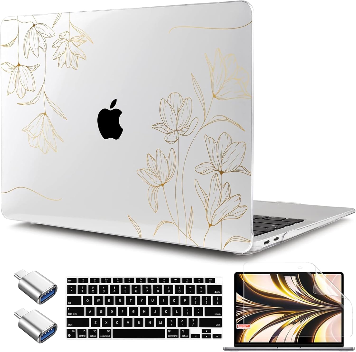 TWOLSKOO for MacBook Air 13.3 inch Case 2021 2020 2019 2018 Release M1 A2337 A2179 A1932 with Touch ID, Plastic Hard Shell Case & Keyboard Cover & Type C Adapter, Gold Florals
