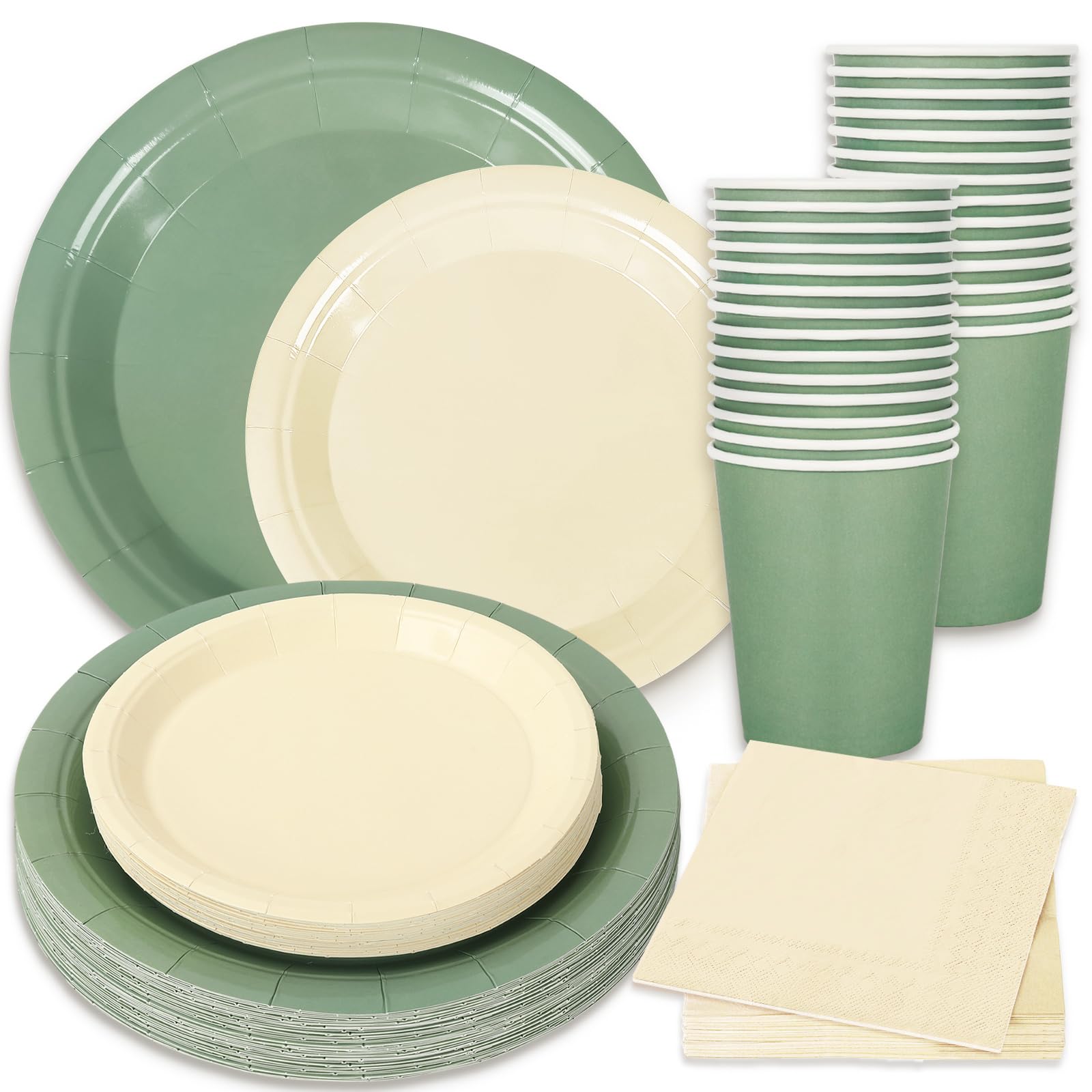 Whaline 100Pcs Ivory Sage Green Tableware Set Wedding Disposable Dinnerware 50Pcs Paper Plates 25Pcs Napkin 25Pcs Cups For Birthday Party Supplies