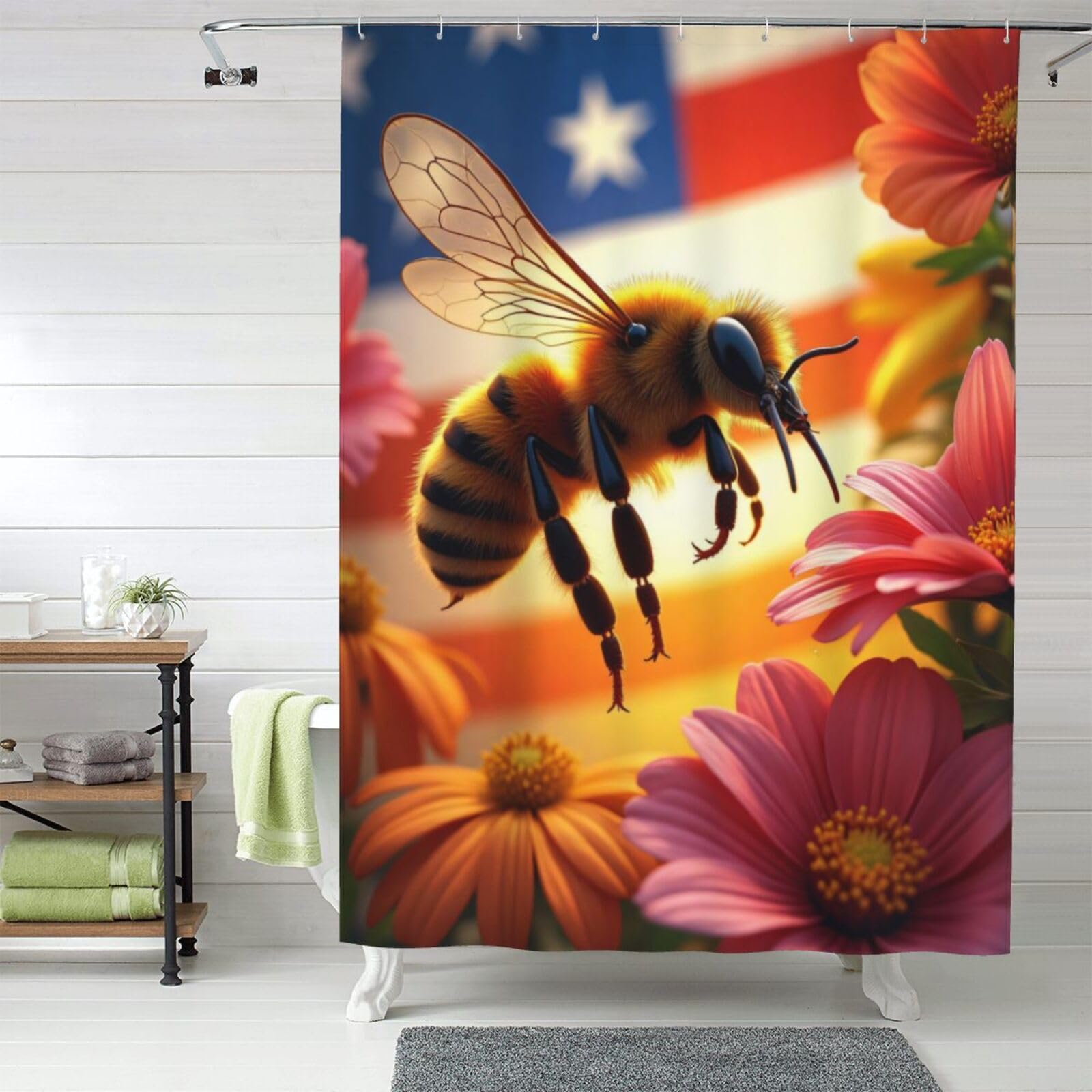 Rideau de douche motif abeille lavable en tissu résistant 152x183cm