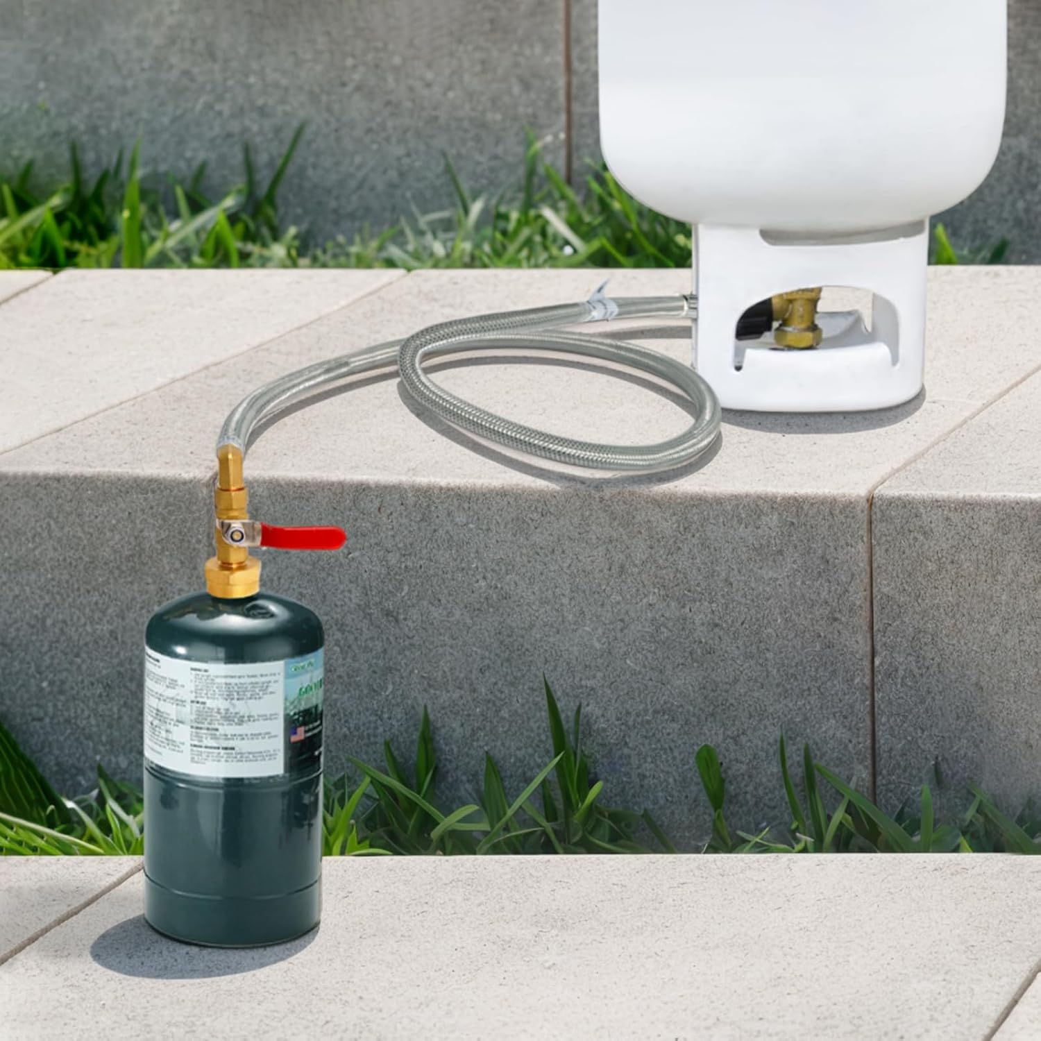 Propane Adapter for 1 lb. Tanks with Tank Gauge & Control Valve, 3 FT Propane Refill Stainless Steel Hose with 4 Bottle Caps, Fill 1 Pound Bottles from 5-40lb Tank