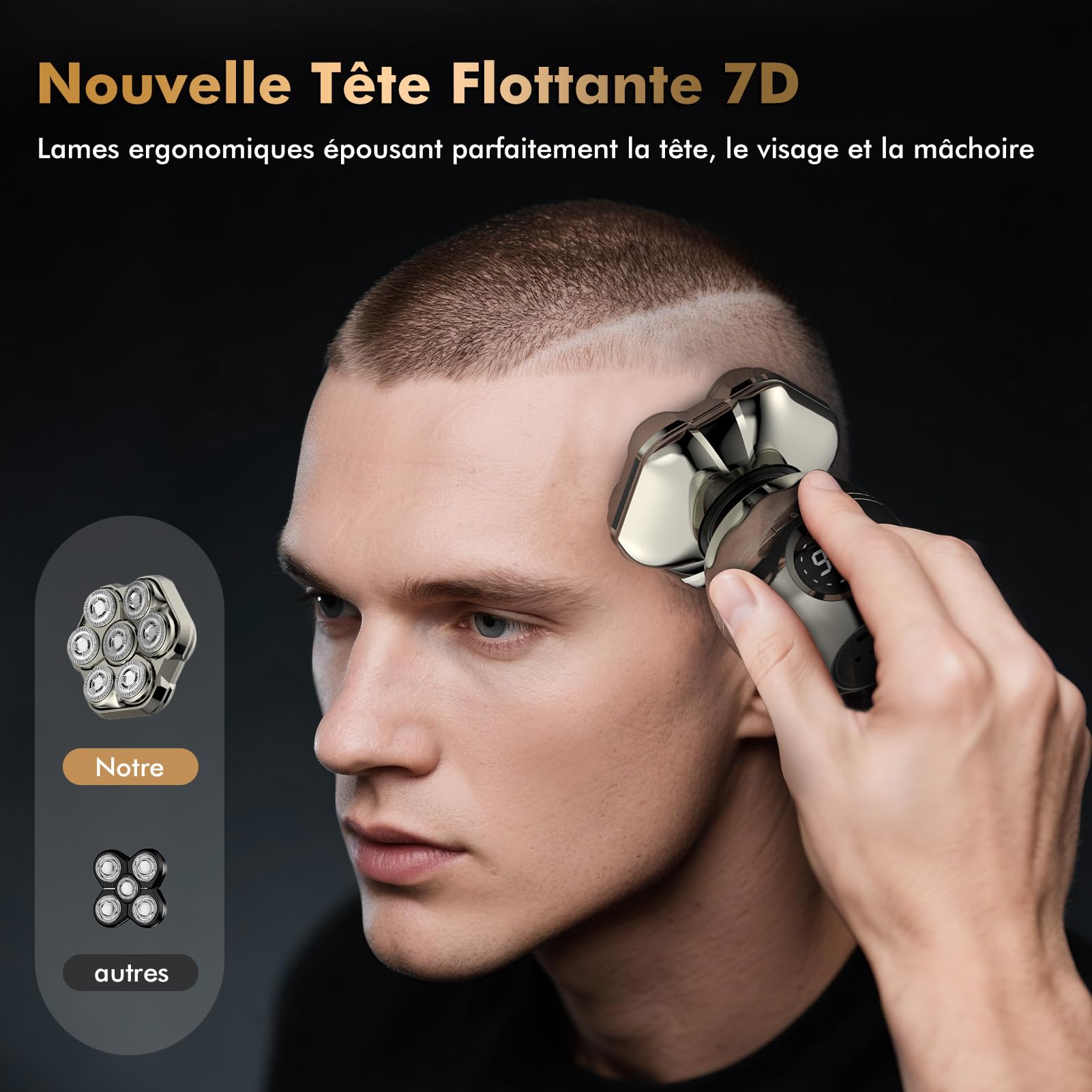 Rasoir Tete Chauve Homm,7D Rasoir Electriques Hommes Cheveux-6 en 1 Tondeuse Crane Chauve, Rasoir Chauve magnétique amovible, Humide/Sec Étanche IPX7 pour Hommes Chauves avec Écran LED