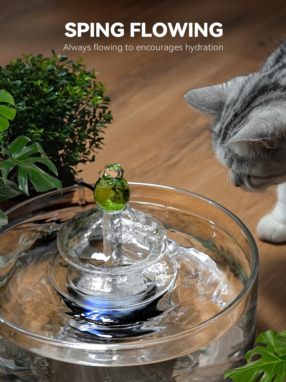 Fuente de agua de vidrio para gatos, fuente de vidrio para mascotas de 3.2 L/108 onzas con luz LED, dispensador de agua automático para gatos