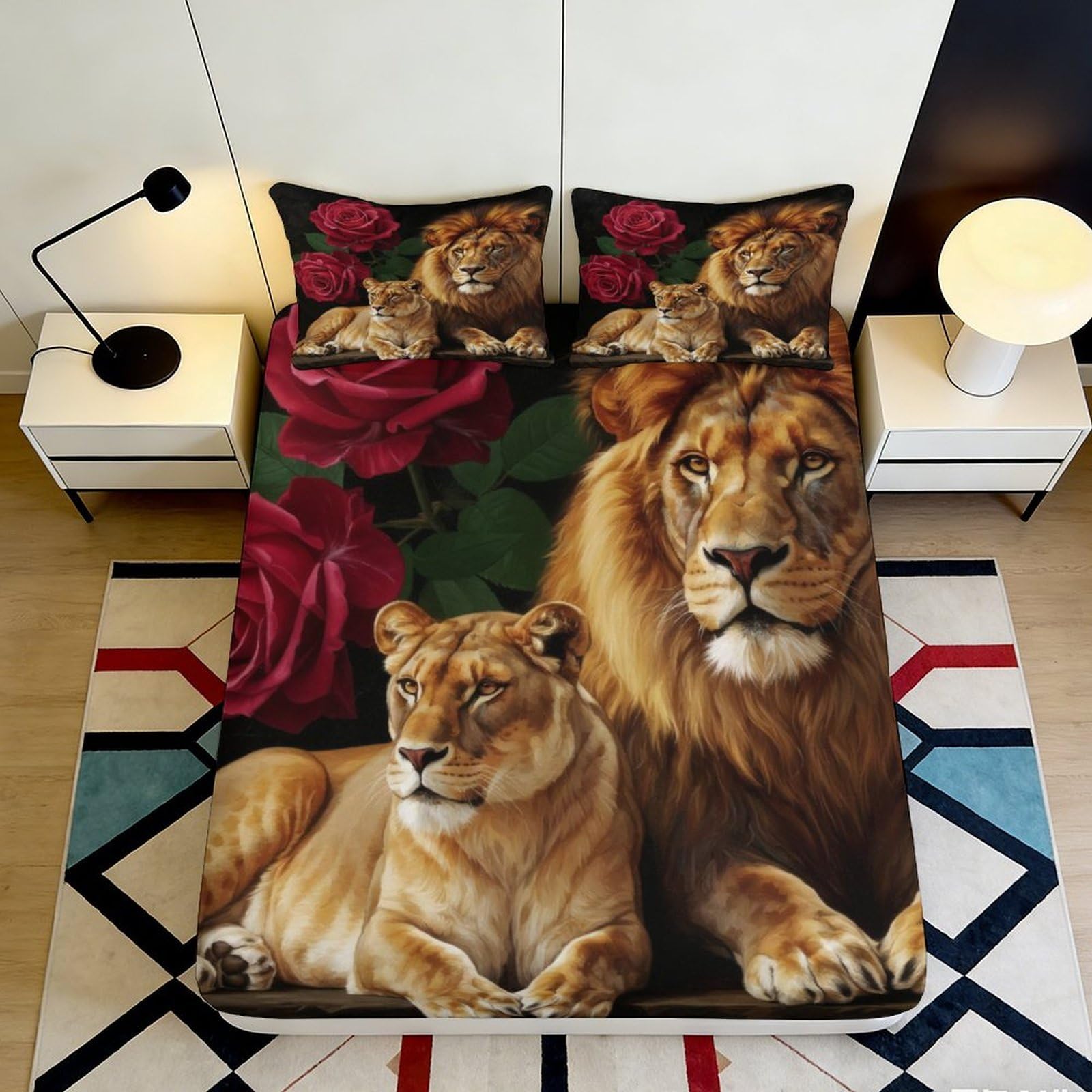 3D Printed Lion Rose Fitted Sheet Microfiber Soft Breathable Jungle Animal Mattress Cover for Bedroom Guest Dorm Decor 90x200x25cm