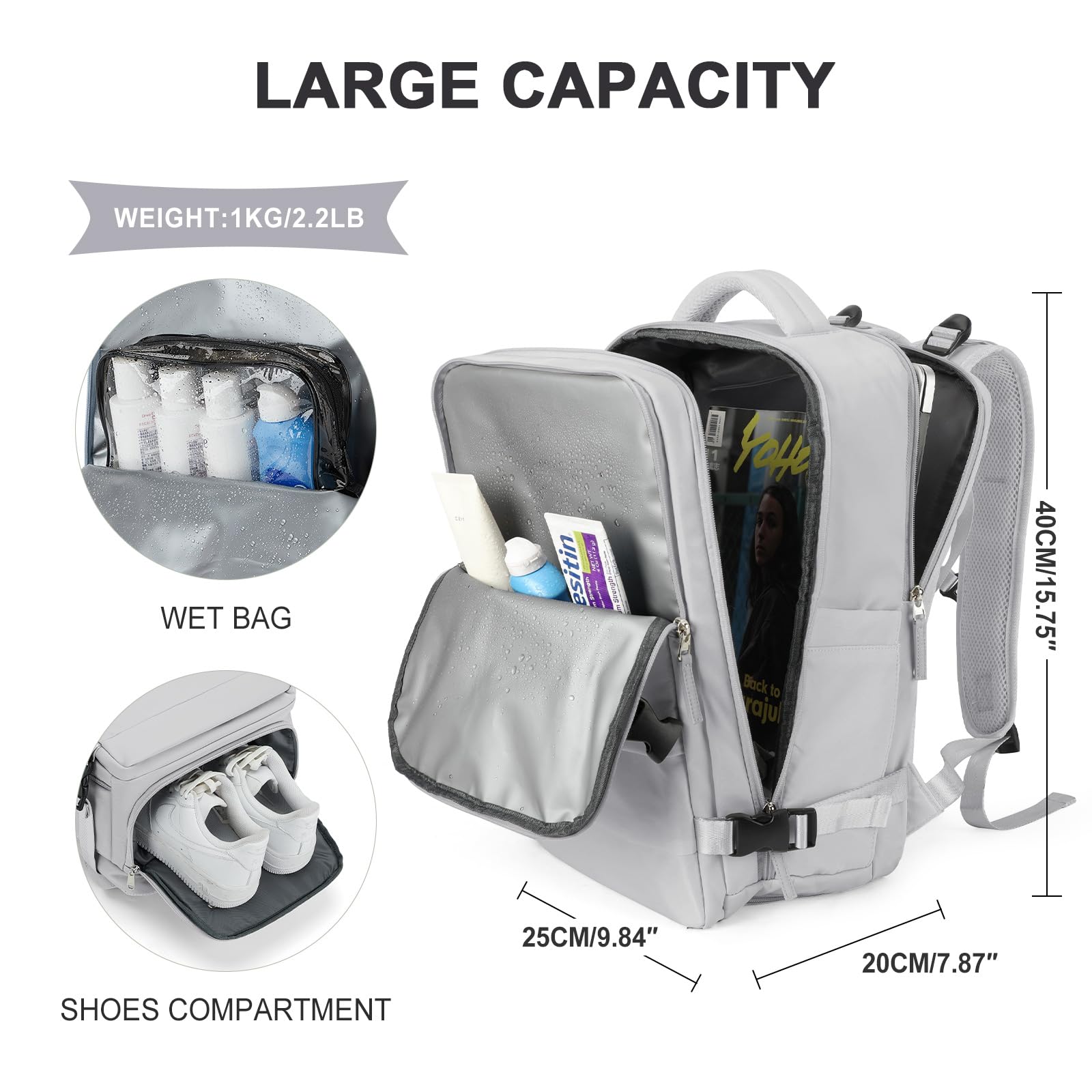 SZLX Zaino Ryanair 40x20x25 Donna Zaino da Viaggio Bagaglio a Mano 20L Uomo Borse da cabina 45x36x20 Easyjet Travel Backpack Adatto a laptop da 14 Pollici con scomparto per scarpe per Lavoro e Scuola