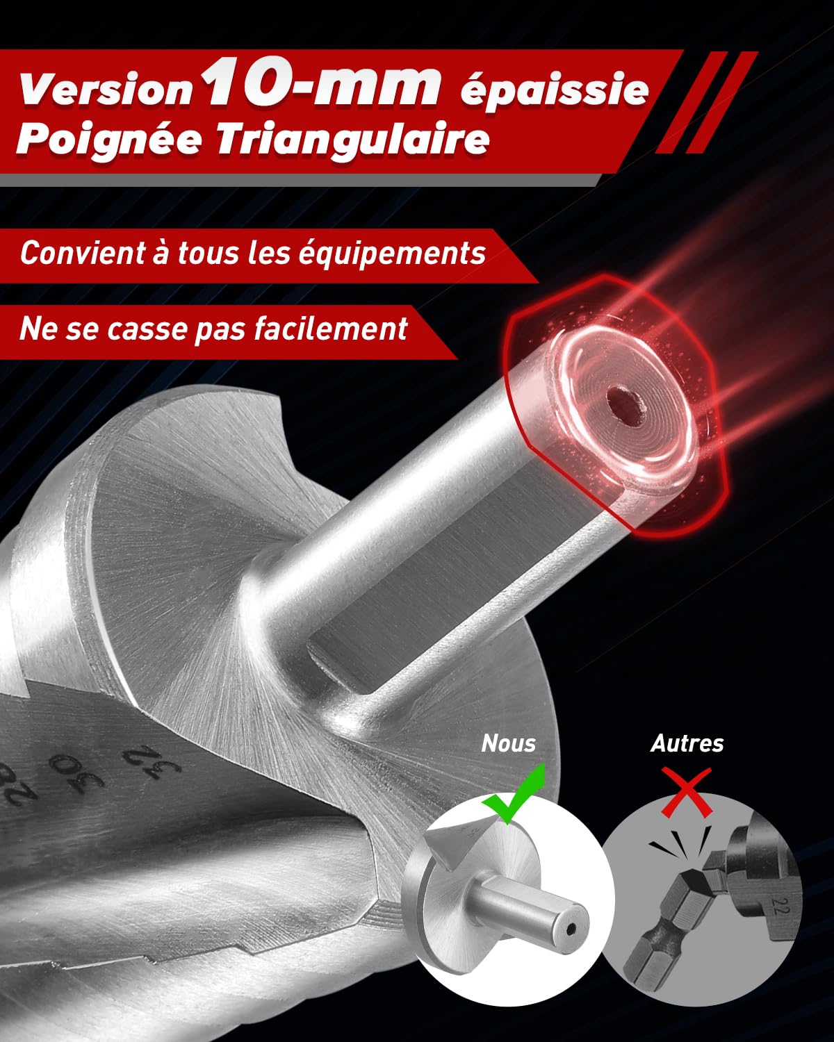 Foret Étagé Metal, 4-32 mm, HSS 6542 professionnelle pour métal, acier, plastique, bois, bricolage, Foret Conique pour percer, aléser, ébavurage, Tige de 10 mm pour chaque mandrin de perçage