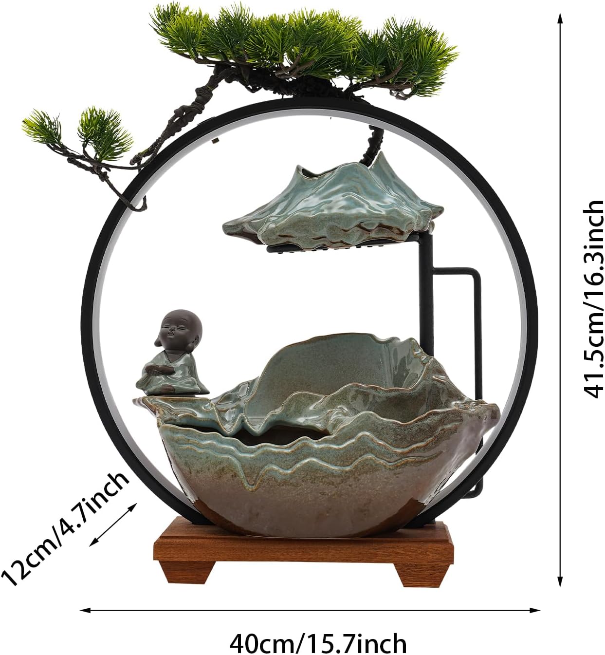 Tabletop Water Fountain, 15.7In Desktop Water Fountain Waterfall Decoration with Light, Indoor Desk Humidifier, Zen Decor Feng Shui Decor Festival Birthday Gift, for Home Office Yoga Meditation, Small