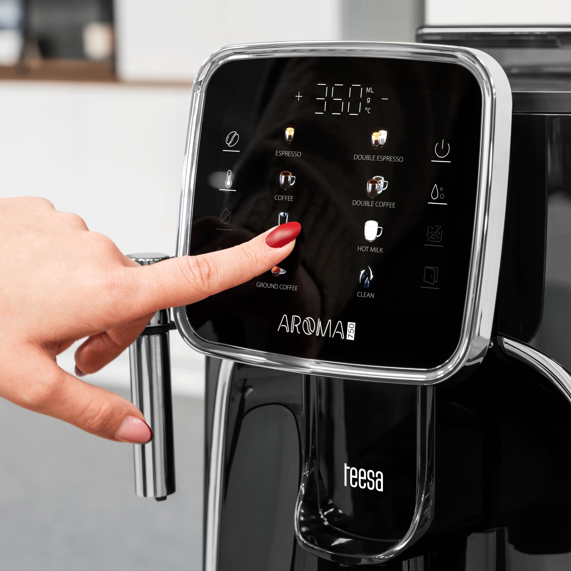 Teesa Automatyczny Ekspres do Kawy z Młynkiem AROMA 750 19 Barów Dotykowy Wyświetlacz Spieniacz do Mleka Podgrzewanie Filiżanek Automatyczne Czyszczenie TSA4012