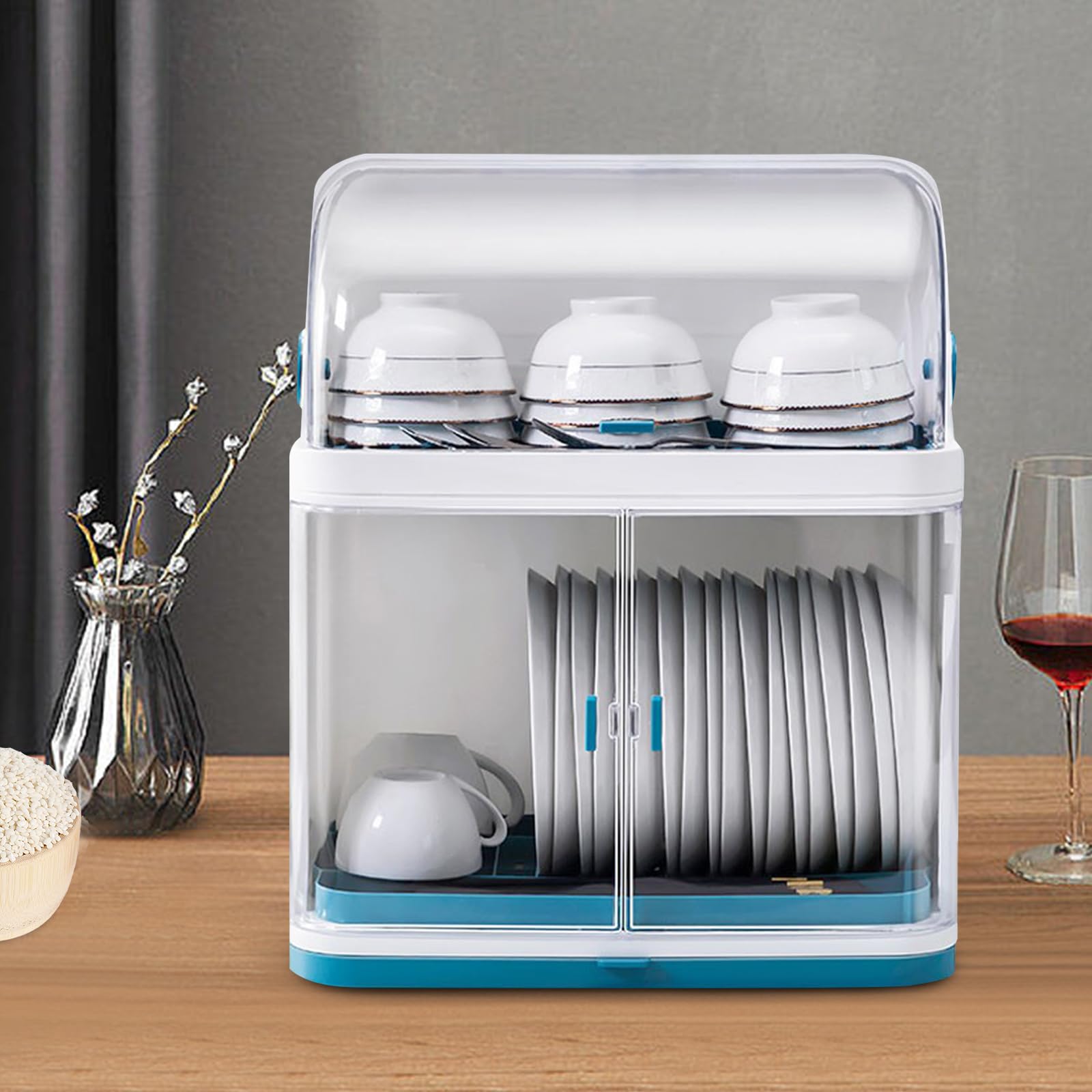 AKaSping 2 Tier Dish Drying Rack Drainboard Set Kitchen Dish Rack with Lid Cover Plastic Small Utensil Holder Rack for Kitchen Plate Cup Dish Storage Box Blue