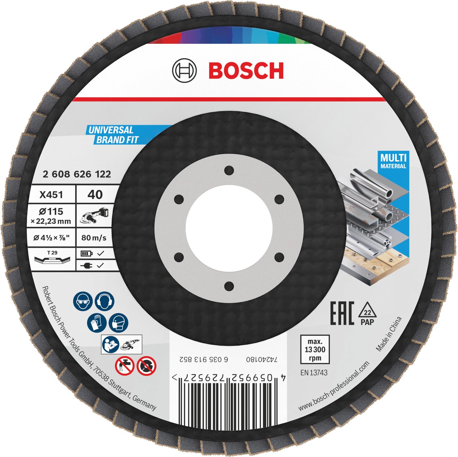 Bosch 15x Disco lamellare X451, G40, G60 (per Acciaio, Alluminio, Ø 115 mm, Grano 40, Professional Accessorio Smerigliatrice angolare piccola)