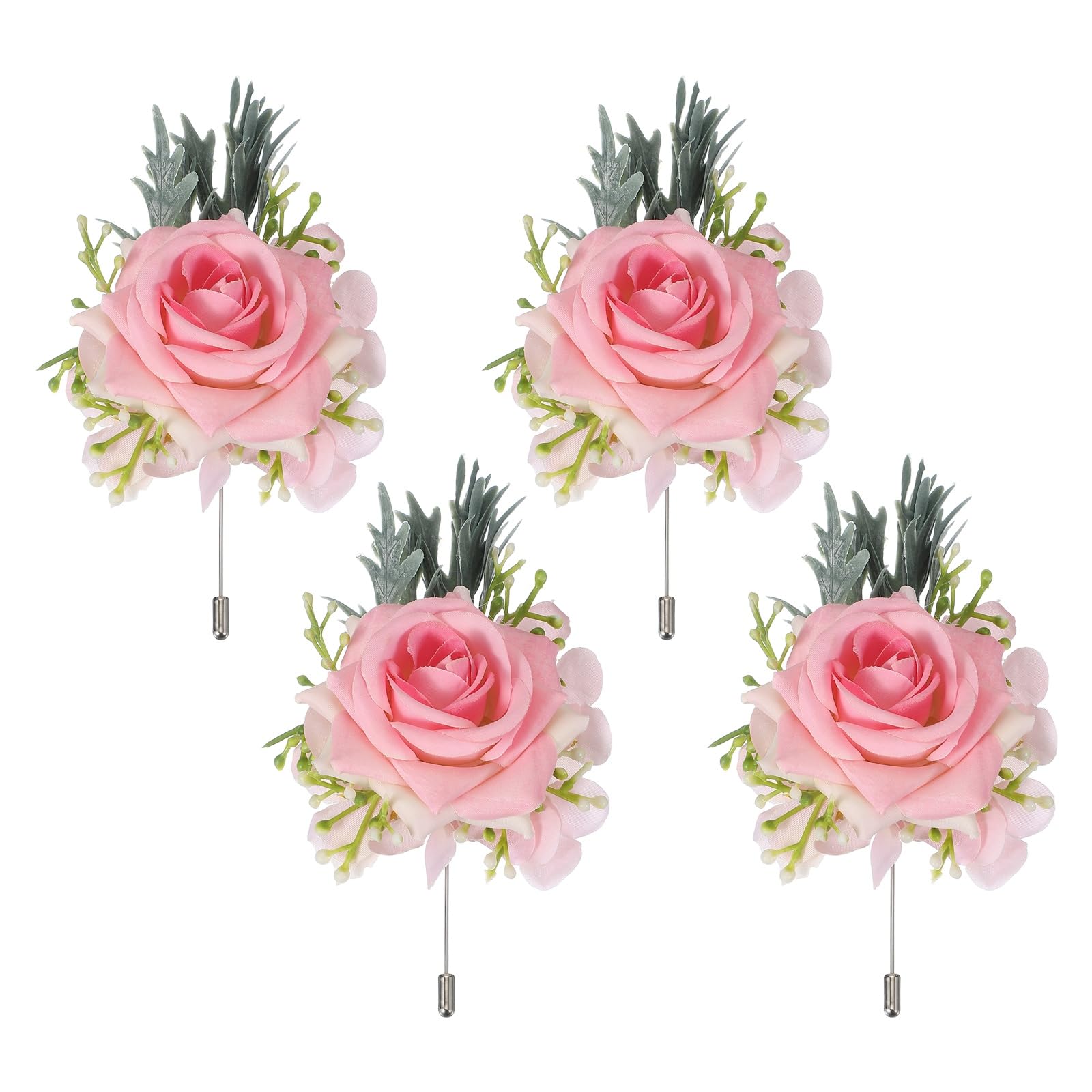 sourcing map 4 Pcs Bright Pink Boutonnieres for Men, Artificial Flower Buttonholes Pocket for Wedding Bride Groom Ceremony Anniversary Prom Party