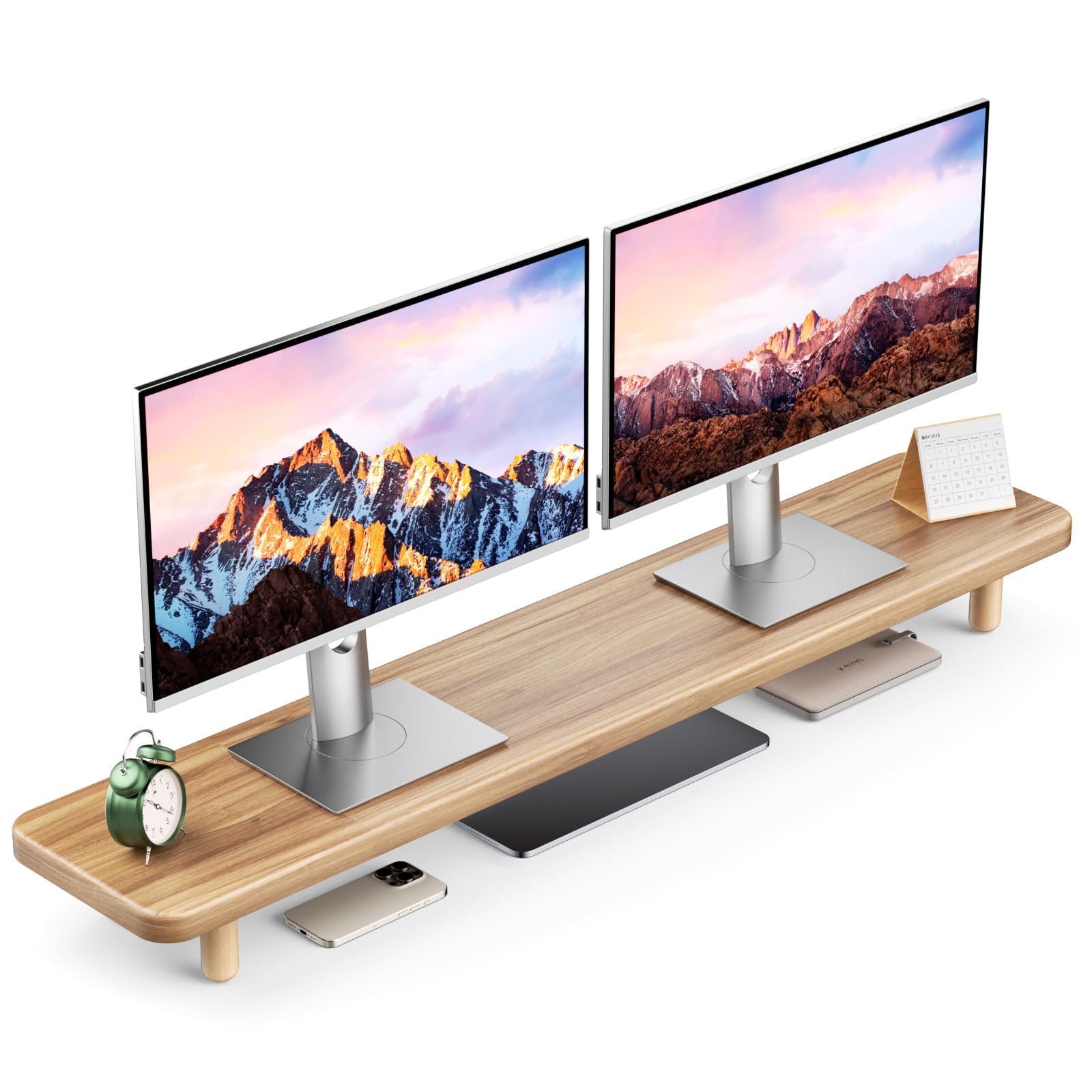 Dual Monitor Stand Riser, 39 Inch Extra Long Wooden Desktop Monitor Riser with Storage for 2 Monitors Ultra Strong Desk Shelf Organizer Riser Ergonomic for 2 Screens/Laptop/PC/TV/Printer (Walut brown, 39inches)
