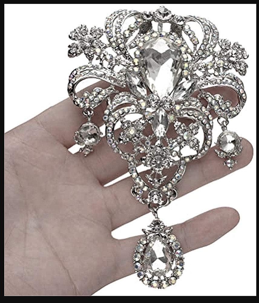 Extra LARGE Antique Vintage Art Deco Victorian Style Silver Tone Imitation Diamond Clear Rhinestone Statement Bridal Wedding Brooch Pin - Image 5