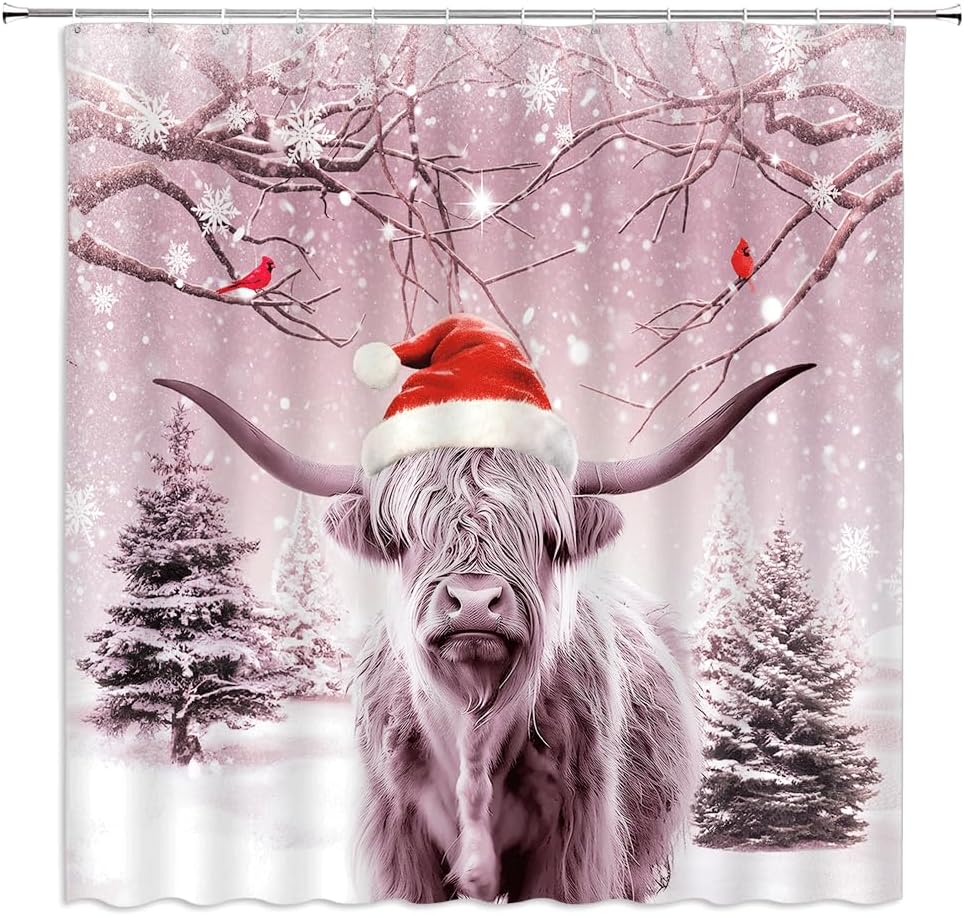 Christmas Highland Cow Shower Curtain Farmhouse Funny Western Cow with Xmas Hat Red Bird Winter Forest Snow Pine Tree Snowflake Natural Scene Fabric Bathroom Decor Curtains with Hooks,70 x 80
