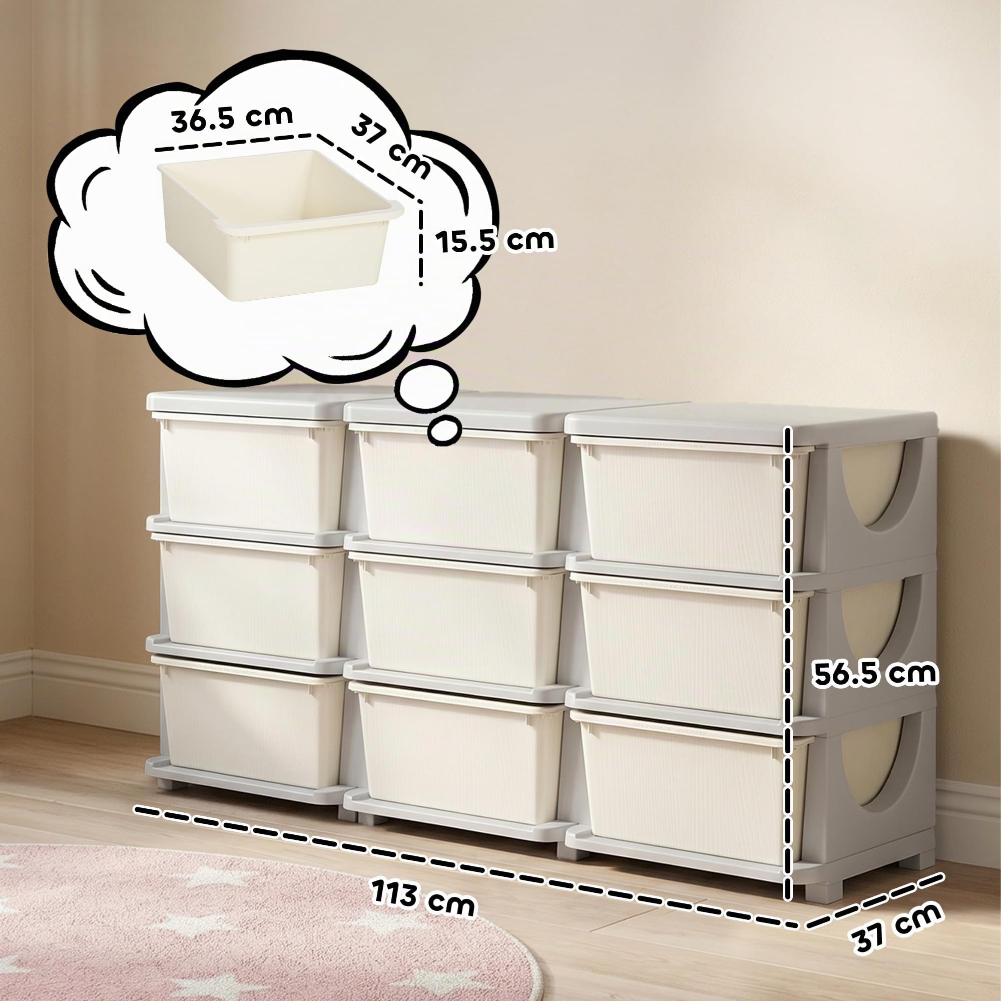 HOMCOM Meuble de rangement en plastique à 9 tiroirs, meuble de rangement pour enfants à 3 niveaux, coffre à jouets pour enfants pour la chambre d'enfants, la salle de jeu, la chambre à coucher, crème