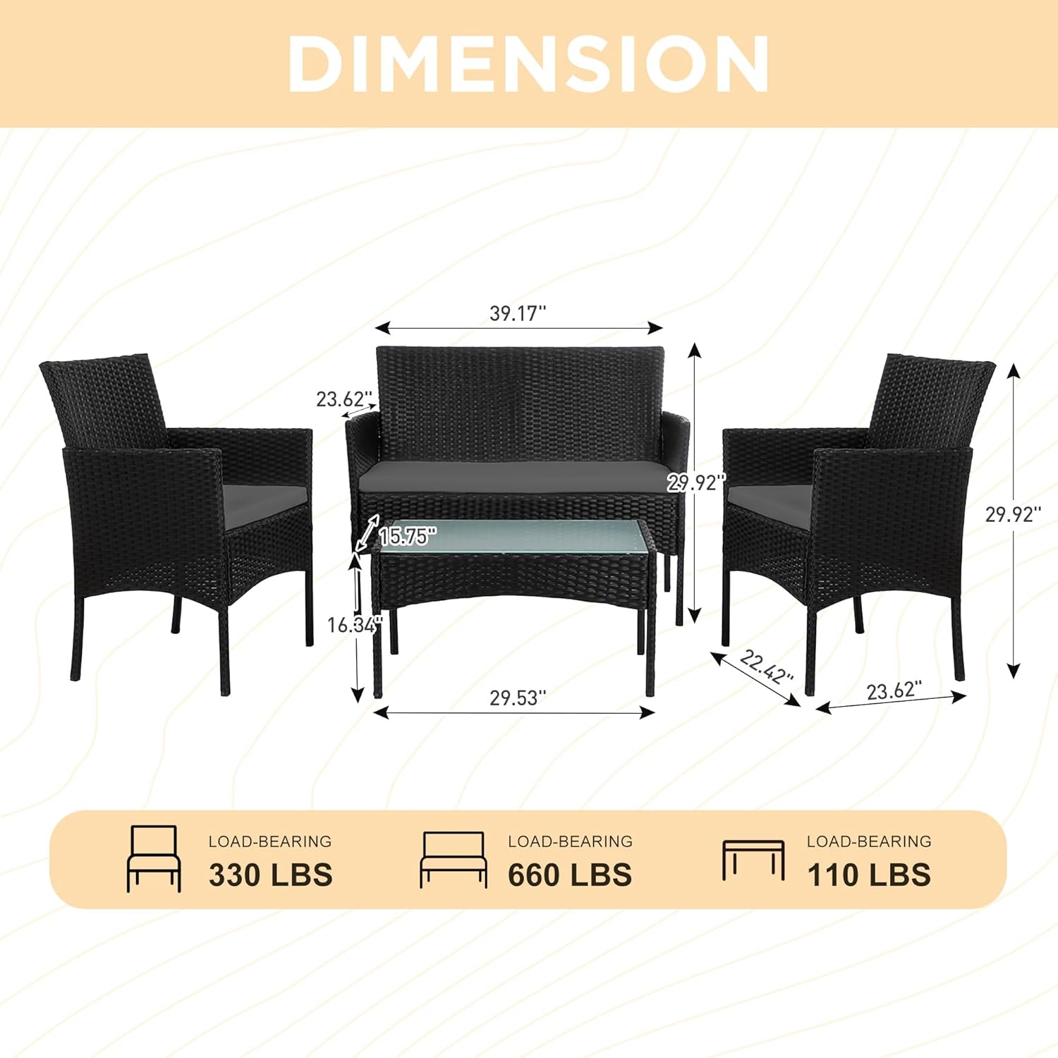 PROHIKER 4 Piece Outdoor Wicker Patio Conversation Furniture Set, Rattan Chair Wicker Sofa Garden Conversation Sets with Cushion and Glass Table for Yard Pool or Backyard, Black/Gray