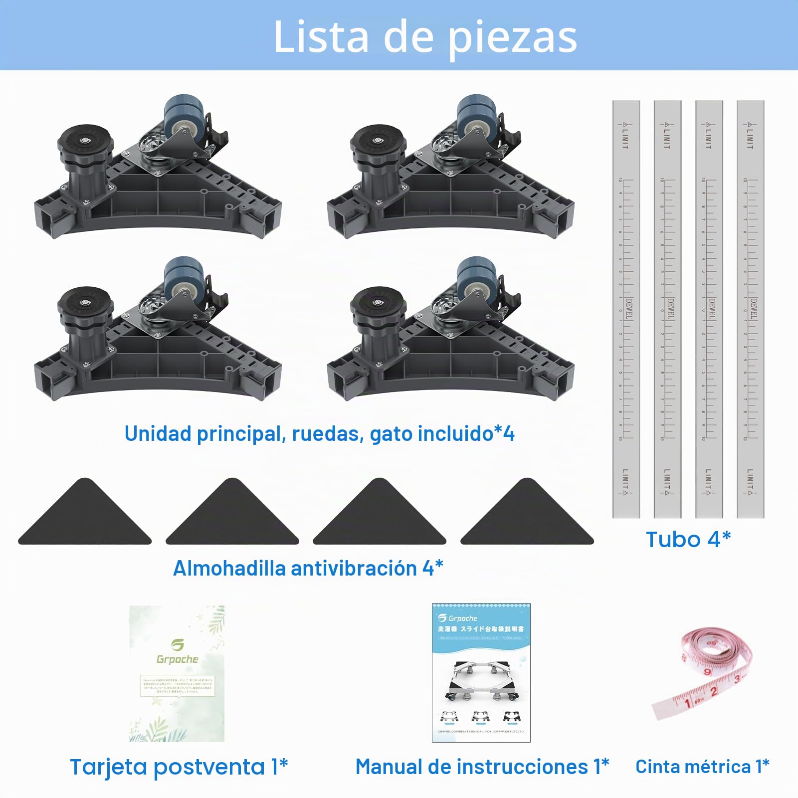 Base Lavadora con 4 Patas y 8 Ruedas con Bloqueo, Pedestales Móviles para Lavadora, Secadora, Frigorífico Capacidad De Carga 500 Kg(Gris, Ajustable: 45,5 – 70 cm)