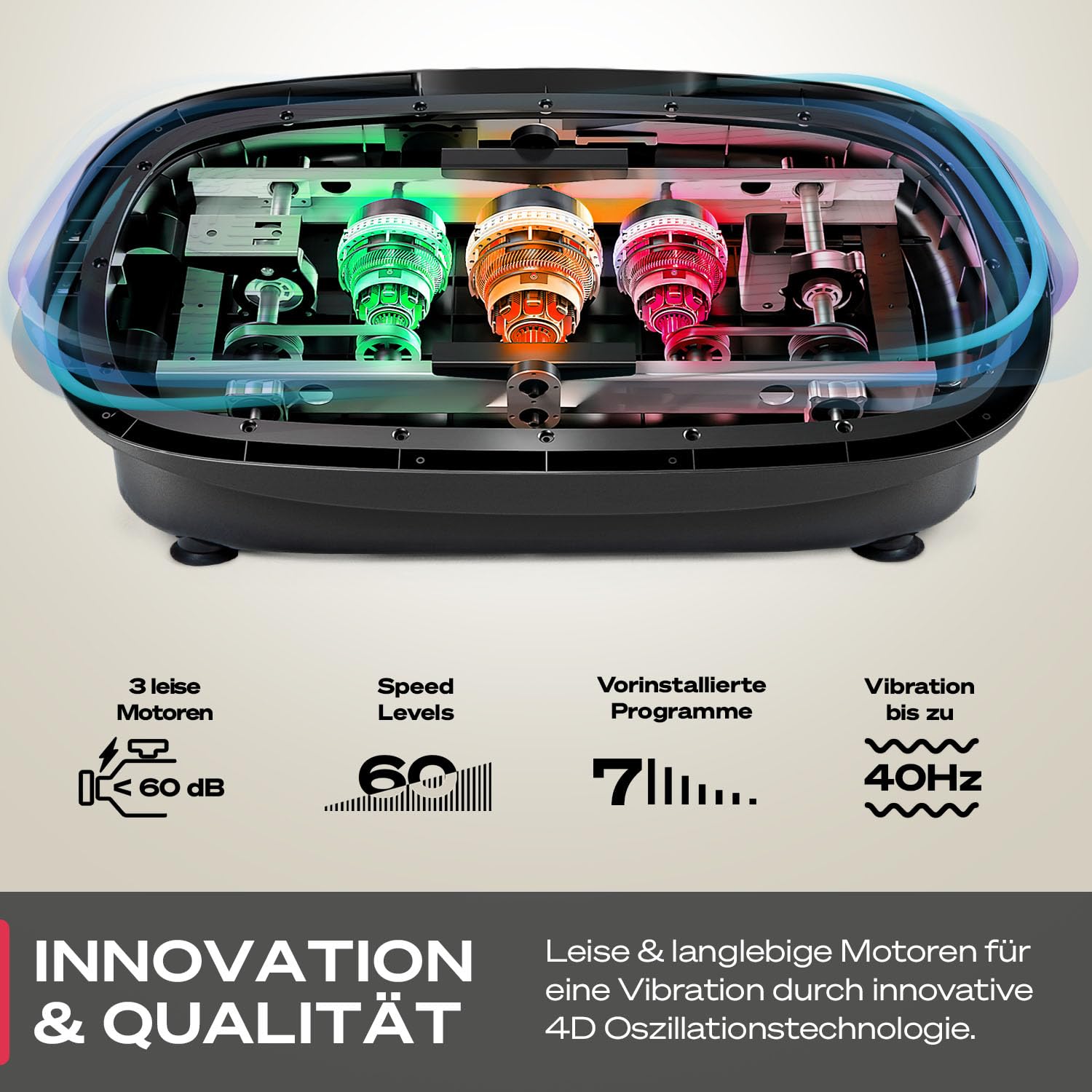 Sportstech 4D Premium Vibrationsplatte | Deutsche Qualitätsmarke | Smart LED I 3 leise Motoren I Workout Sitz & Liegestützgriffe | Touch Display + Bluetooth I Fitness & Yoga für Zuhause|VP500