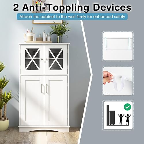 Miniatura 6 de COSTWAY Armario de almacenamiento de baño, armario de piso independiente con 4 puertas y 3 estantes ajustables, armario organizador de baño para