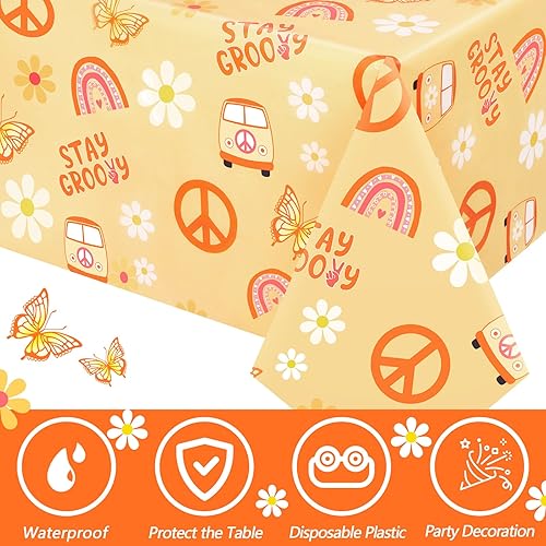 Miniatura 7 de Mantel de 4 piezas con diseño de margaritas y arco iris, retro, hippie y bohemio, desechables, impermeables, para decoración de fiesta de cumpleaños