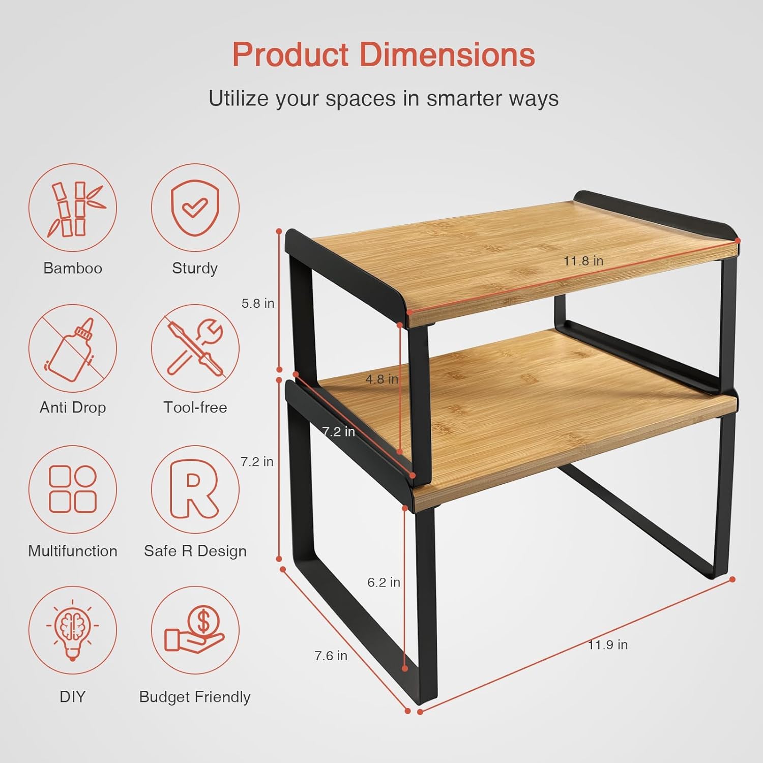 Kitchen Cabinet Organizer Shelf Set of 4, Pantry Organizers and Storage Shelves for Plates Dishes Cups Mugs, Cupboard Counter Cabinet Shelf Riser for Countertop (Bamboo Wood and Black Metal) - Image 6