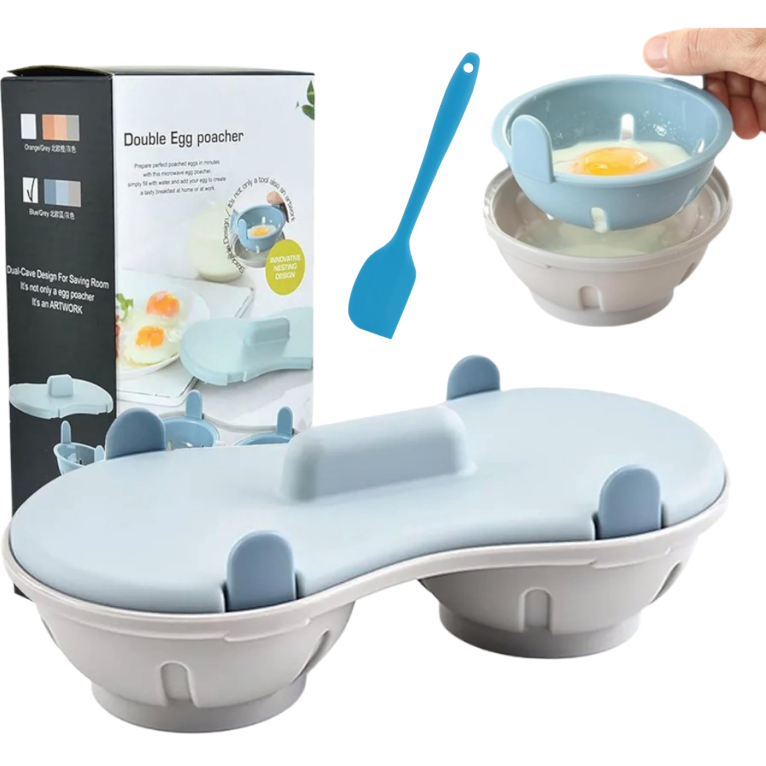 NOOTAZ 2-Cavity Microwave Egg Maker - Poached Egg Steamer - Stylish Light Blue