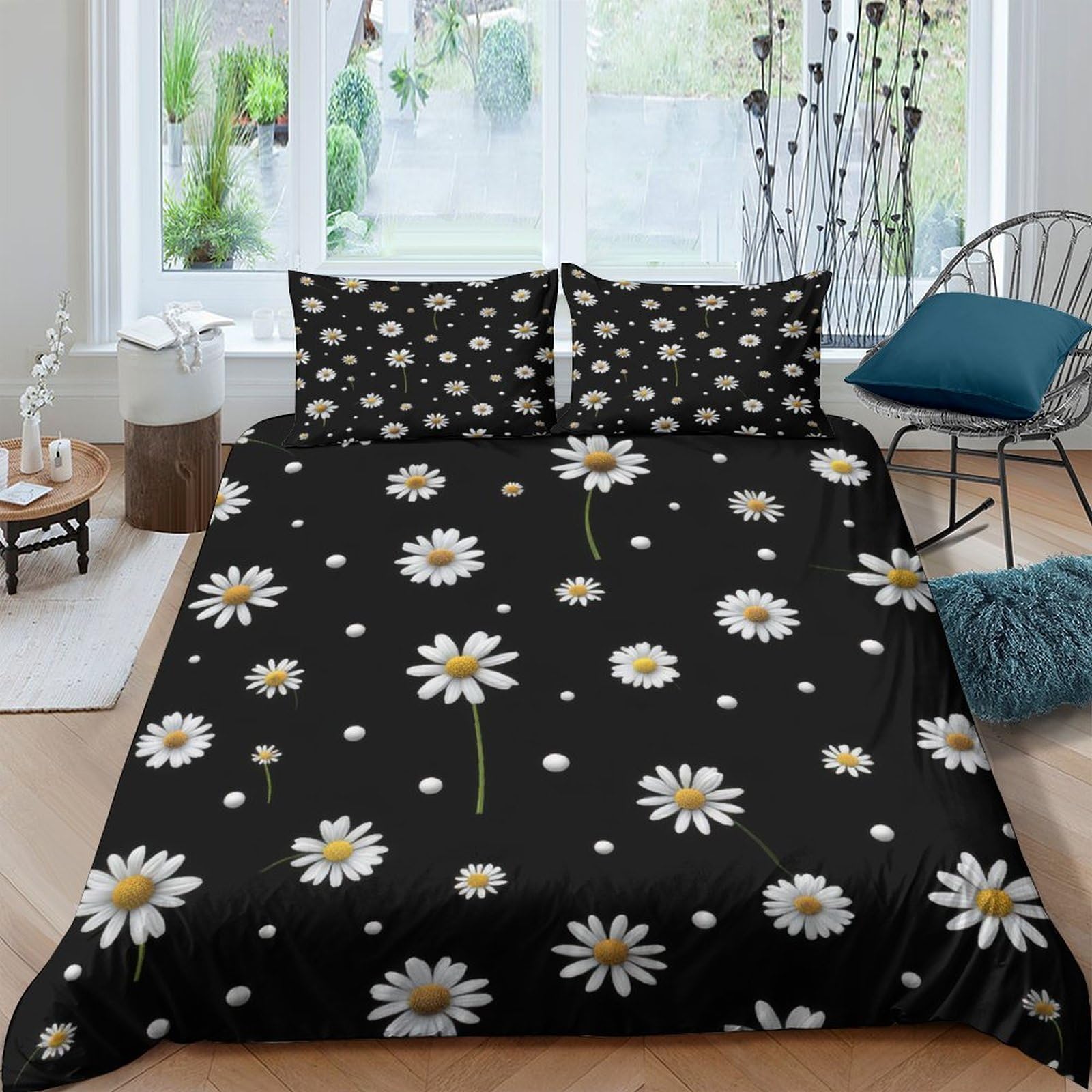 GPLZQXKJNH 3D Printed Daisy Floral Duvet Cover Set Microfiber Soft Black Bedding Set with 2 Pillowcases for Bedroom Decor Single（135x200cm）