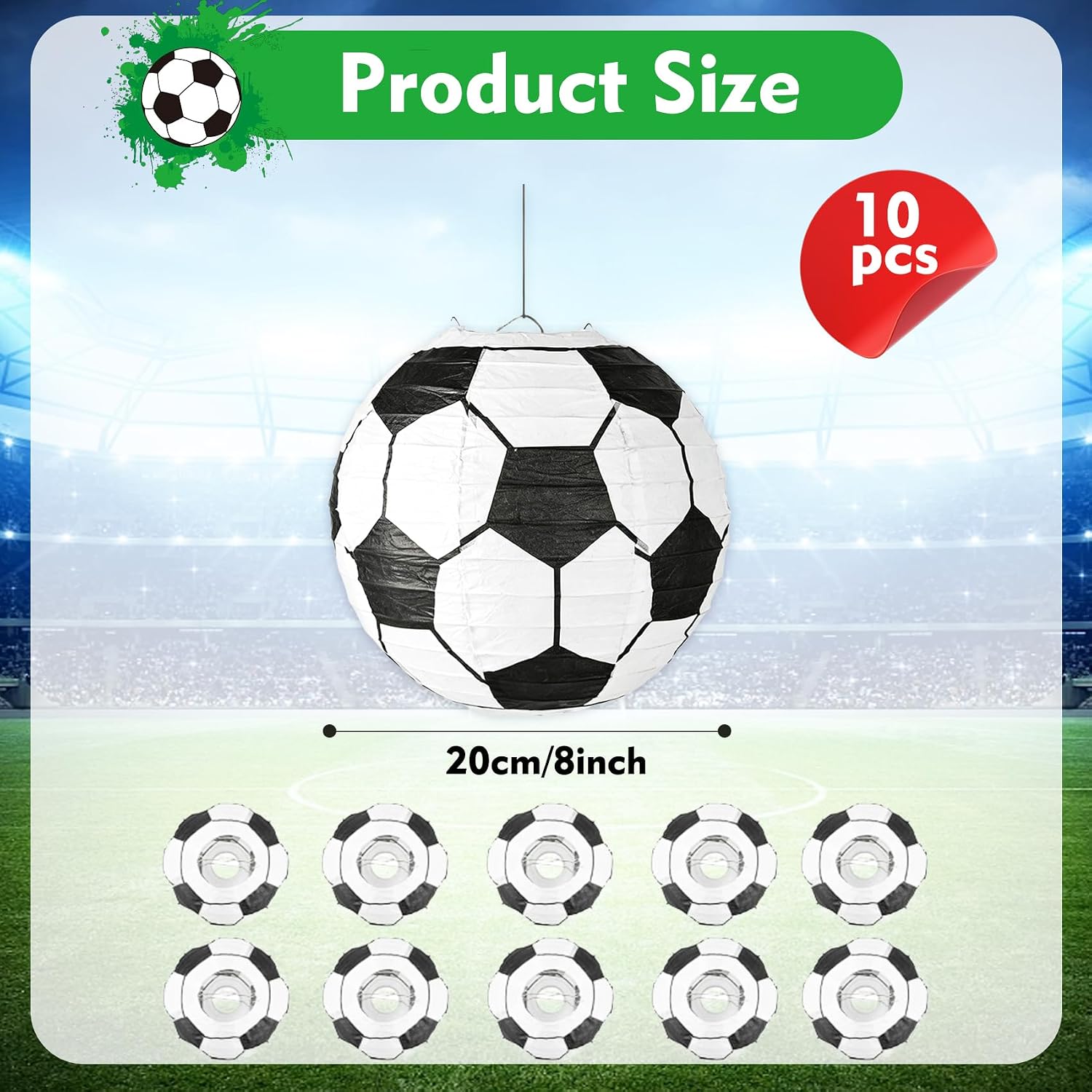 Soccer Ball Paper Lantern Decoration, 8 Inch Soccer Paper Lanterns Kit, 10Pcs Sports Ceiling Hanging Ball Lantern Birthday Table Centerpiece for Classroom Home Bar Sports Game Day Party Supplies