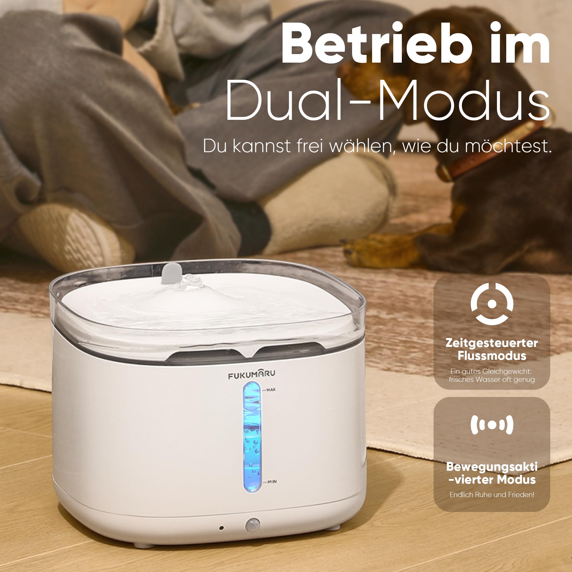 FUKUMARU 2L Trinkbrunnen für Katze Kabellos, Katzenbrunnen Kabellos mit Bewegungsmelder, Batteriebetrieben Katzentrinkbrunnen, 5000mAh, Leise Wasserpumpe, Wasser-Energie-Trennung, weiß