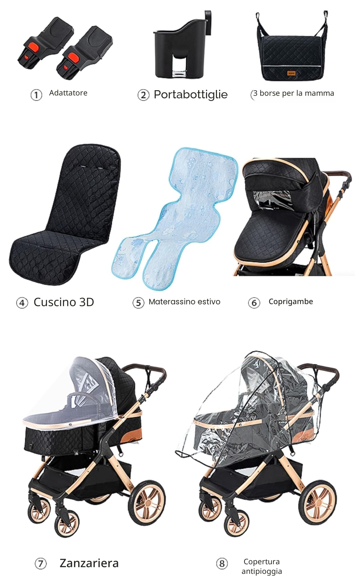 GLOKID Passeggino 3 pezzi, passeggino, passeggino 3 in 1, passeggino pieghevole, pneumatici in gomma, con accessori, Gondola, Adaptateurs, 25 kg，Rosa