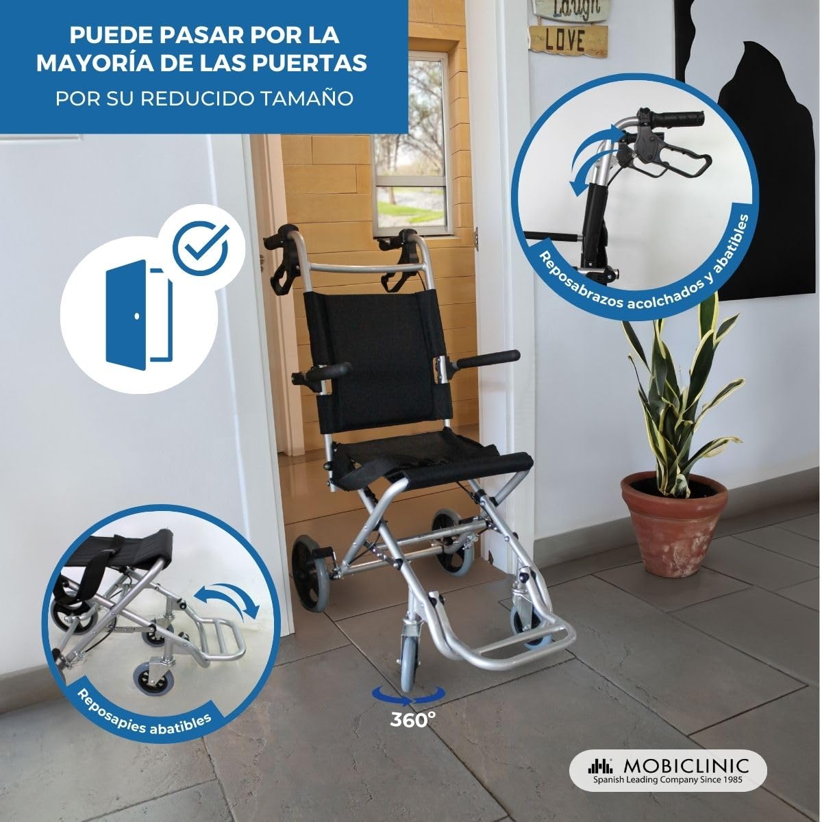 Mobiclinic, Silla de ruedas de tránsito, Neptuno, Aluminio, Plegable, Freno en manetas, Marca Española, Reposapiés plegables, a, Cinturón seguridad, Ergonómica, 93x 49.1x 96 cm