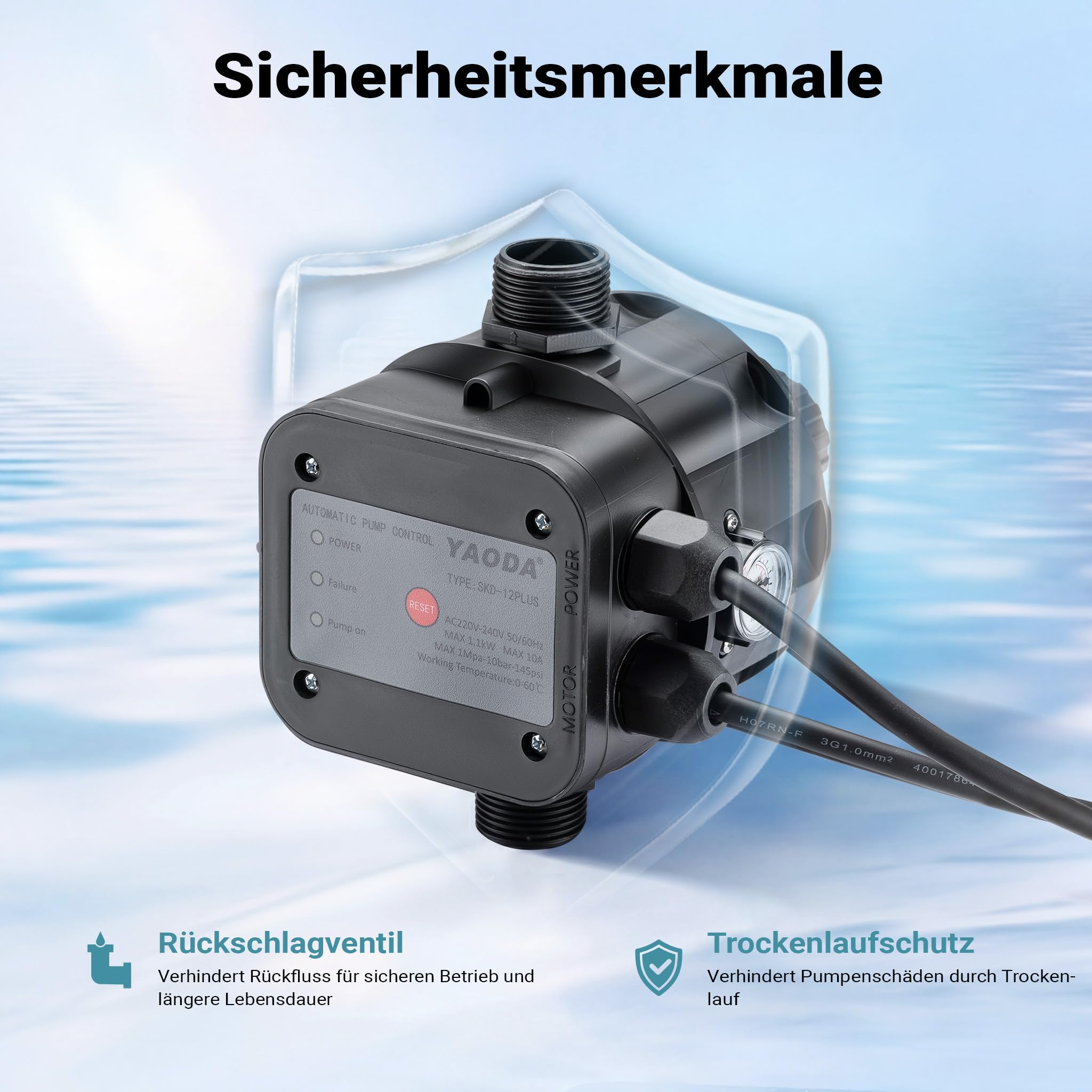 Wiltec Druckschalter mit Kabel EPC-5 230V 1-phasig bis 10 bar, Druckwächter mit Trockenlaufschutz für Hauswasserwerke und Pumpen, zuverlässige Pumpensteuerung