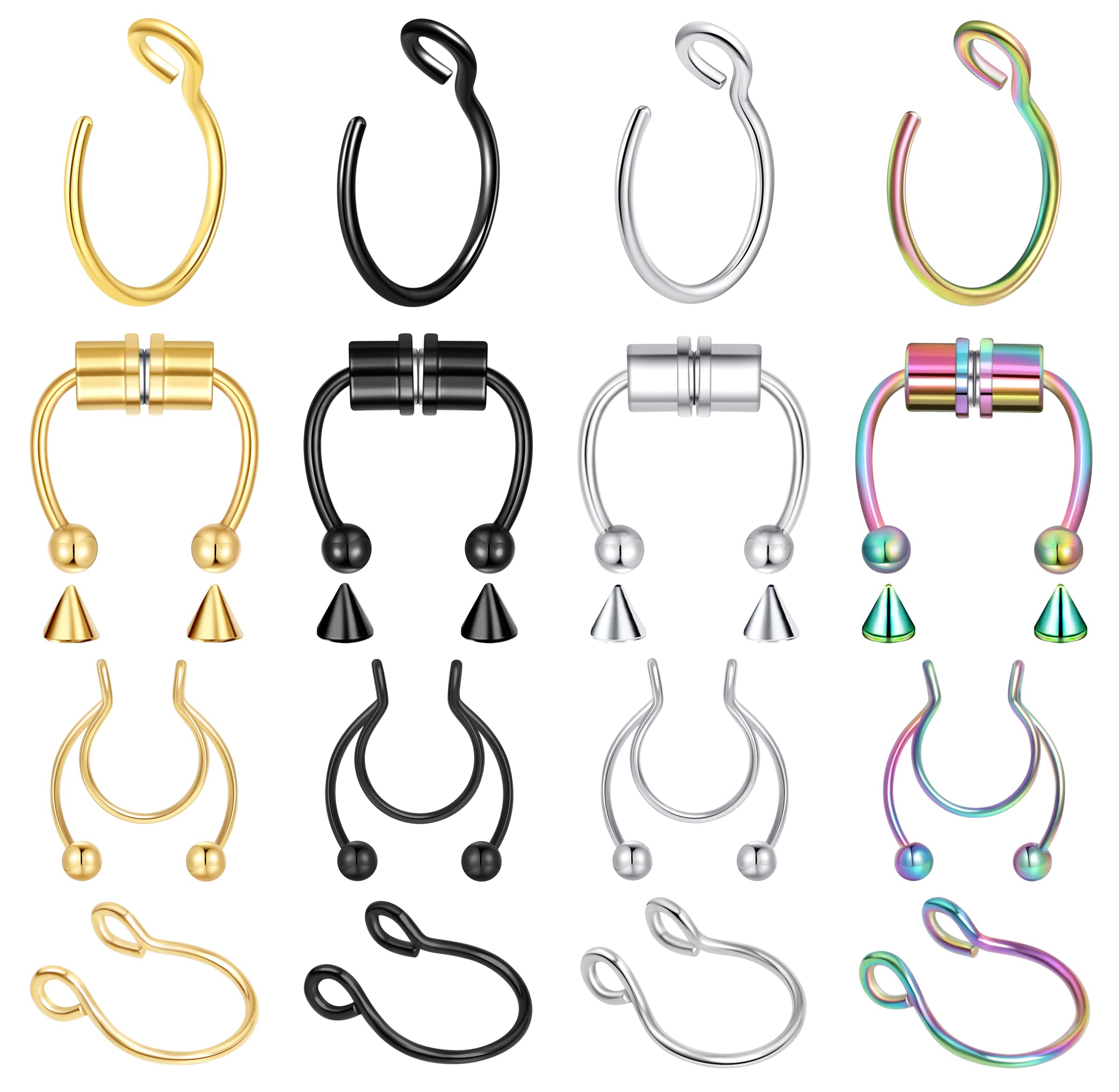 1-16Pcs 16G 18G 20G 22G Nose Rings Hoops Nose Piercings Fake Nose Ring Fake Septum Nose Ring Fake Lip Rings Fake Septum Piercing Fake Nose Piercing Fake Nose Hoop Faux Nose Rings Clip On Nose Cuffs Nose Piercing Jewelry Nose Rings for Women Men Nose Hoops Cartilage Hoop Earring