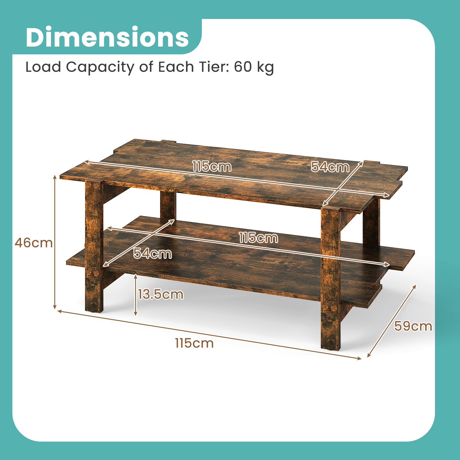 LIFEZEAL Tavolino Salotto a 2 Ripiani, in Legno, Tavolino da Caffè, da Soggiorno, Basso, Stile Industriale, Peso Max 120 kg, 115x59x46 cm, Montaggio Semplice, Marrone