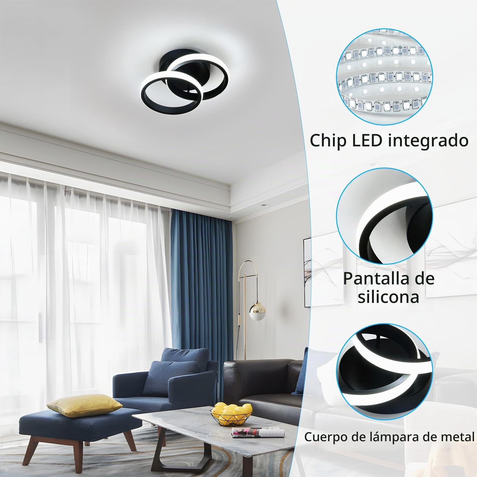 2 Piezas Plafón LED Techo de Acrílico 22W Blanco Frío 6500K, 25CM | 22W 2475LM Redondo Lámpara de Techo LED Negro, 25CM Moderno Luz de Techo para Dormitorio Sala de Estar Comedor Pasillo Cocina