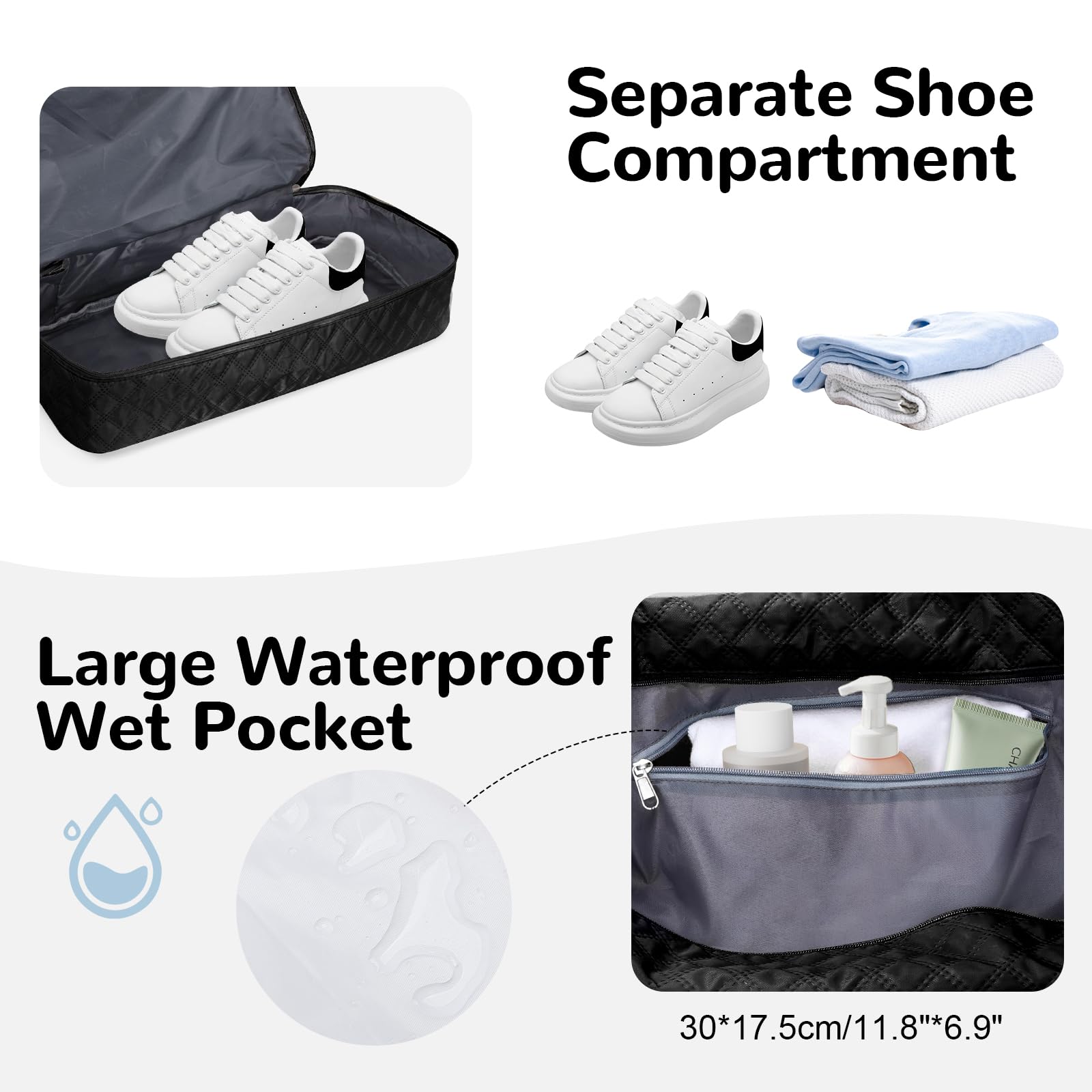 55L Bolsa de Viaje Grand Mujer, Ligera Bolsa Deportiva Niña con Bolsa de Aseo, Bolsa Maternidad Hospital con Compartimento para Zapatos, Macuto Viaje para Yoga Deporte Regalo, Negro