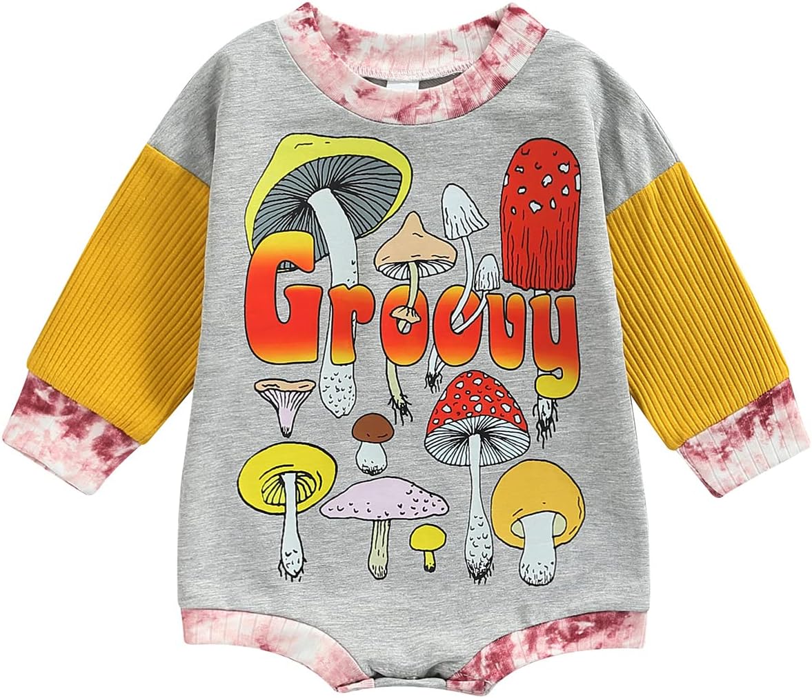 GOOCHEERNewborn Infant Baby Girls Boys Mushroom Print Patchwork Long Sleeve Jumpsuit Romper One Piece Bodysuit