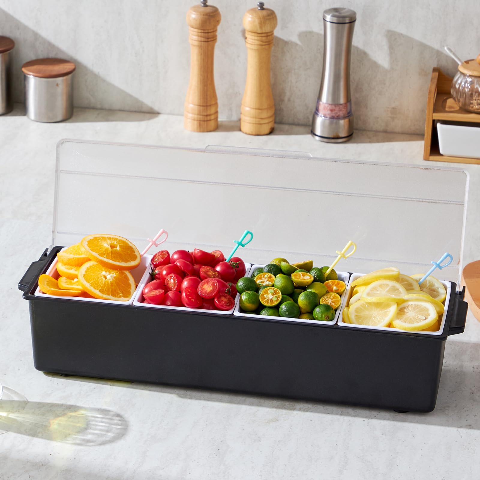 VEVOR Servidor de Condimentos Refrigerado, con 4 Compartimentos, Tapa para Guarniciones Refrigeradas, para Servir Ensaladas, Frutas, Suministros para el Hogar y Restaurantes, 503 x 165 x 117 mm