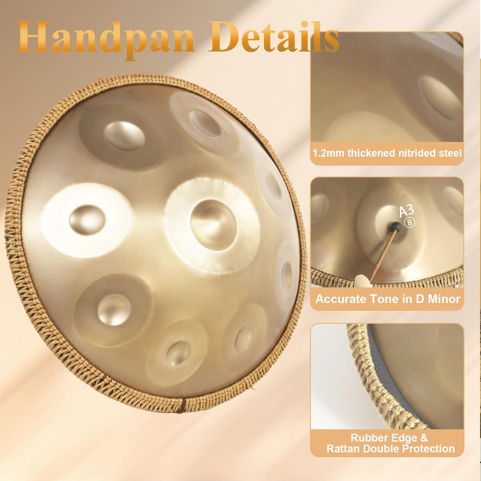 Handpan, Oro Handpan Strumento Musicale 22 Pollici 9 Note 432Hz Tongue Drum in Re Minore per Yoga, Meditazione con Bacchette da Borsetta, Supporto per Batteria, Straccio