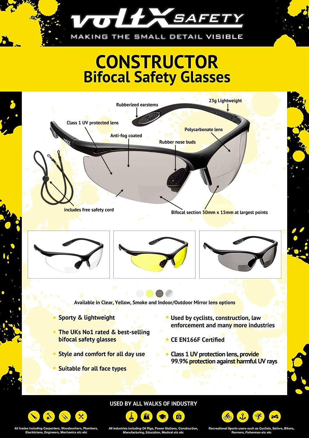 voltX 'CONSTRUCTOR' BIFOCAL Reading Safety Glasses (MIRROR +2.5 Dioptre INDOOR/OUTDOOR LENS) UKCA & CE EN166F certified/Cycling Sports Glasses includes safety cord + Rigid Safety Case + UV400 lens - Image 3