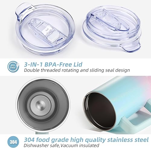 Miniatura 5 de Vaso de 40 onzas con asa y tapa con pajilla, reutilizable de acero inoxidable, aislado para café, viaje, botella de agua térmica 100% a prueba de
