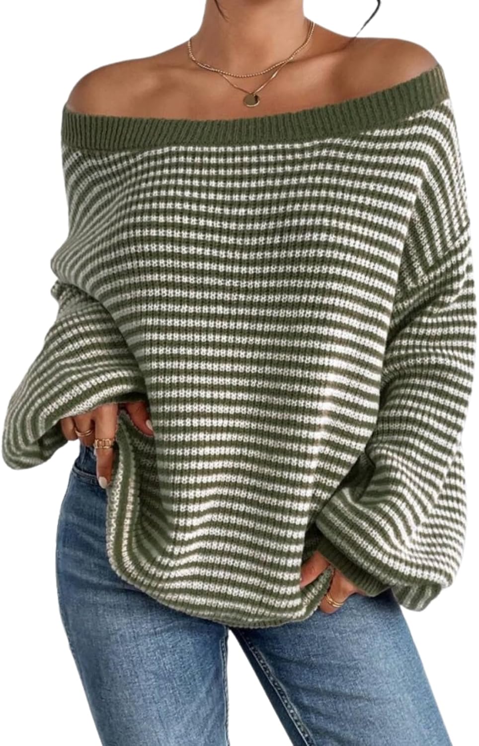 LIZALIG Women's Casual Stripe Sweater Slouchy Off-The-Shoulder Knit Long-Sleeve Tops for Vacations and Everyday Wear