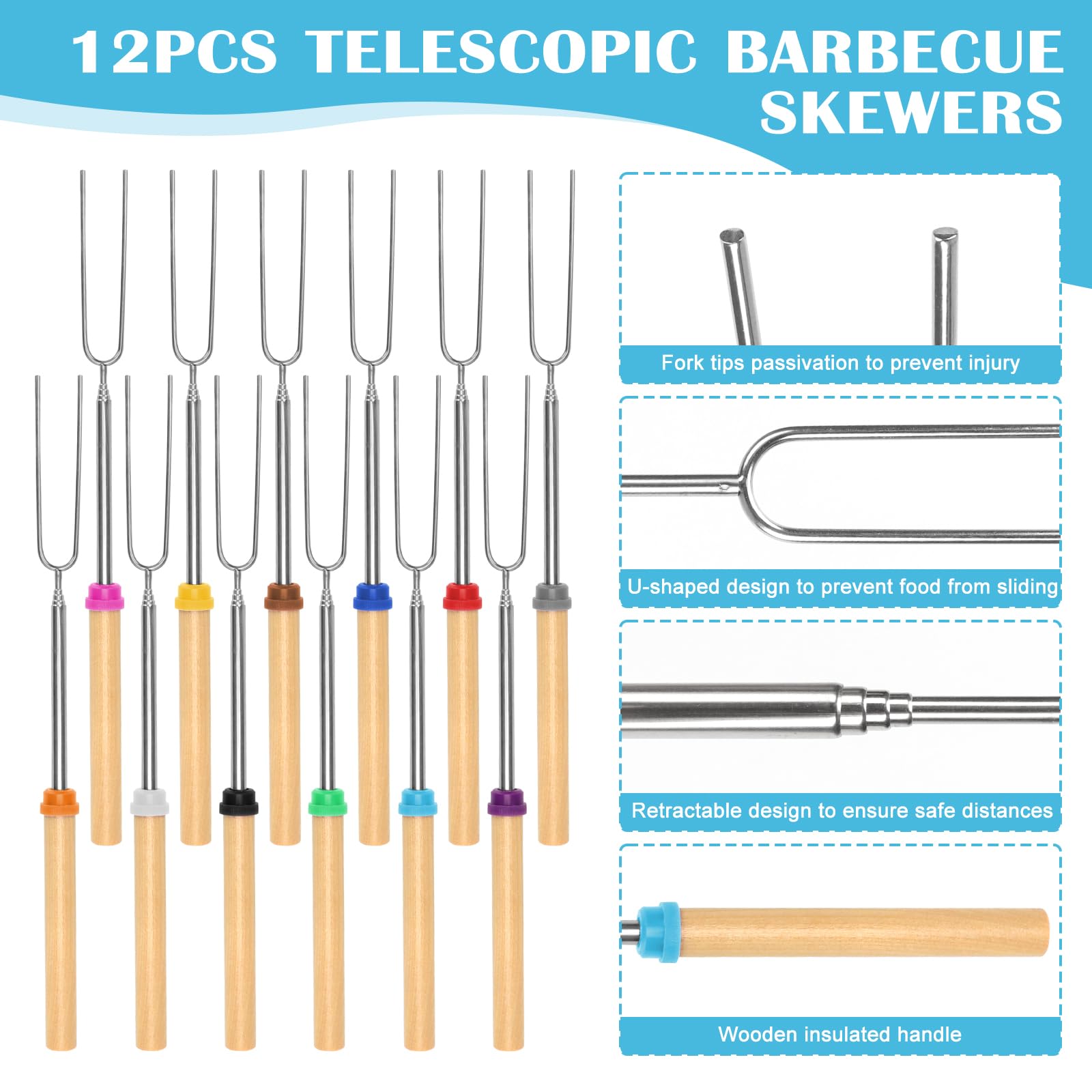 10 forchette da tostatura per marshmallow, bastoncini per marshmallow per braciere, bastoncini telescopici allungabili da 81,3 cm, lunghi – bastoncini per arrostire marshmallow, barbecue, smores