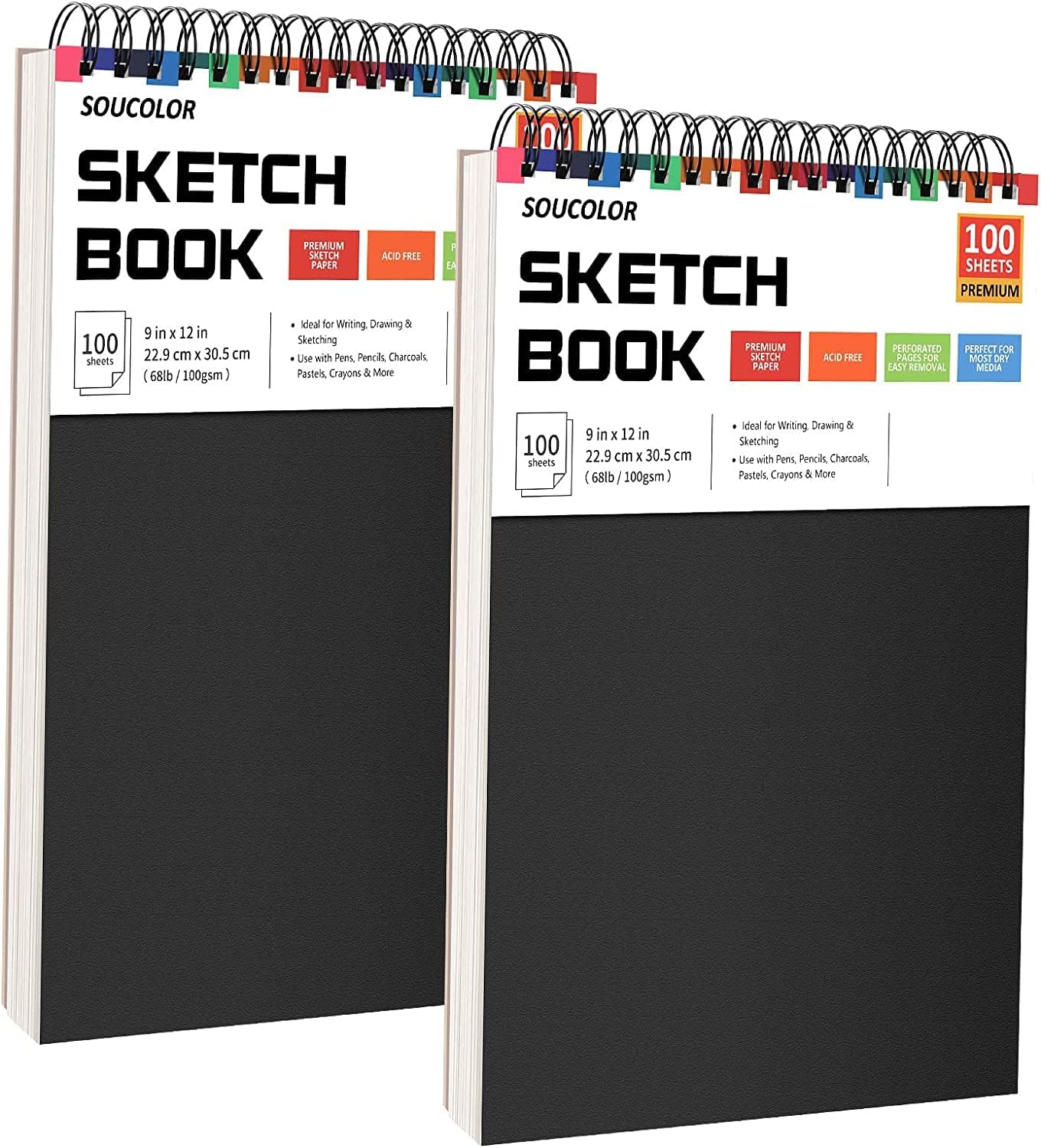 KASTWAVE 9" x 12" Sketch Book, 2-Pack 100 Sheets Spiral Bound Art Sketchbook, Acid Free (68lb/100gsm) Artist Drawing Book Paper Painting Sketching Pad