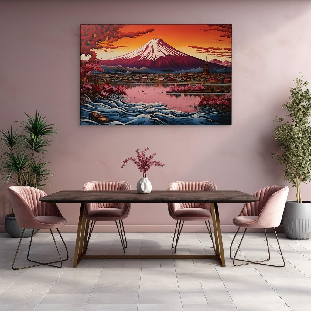 Canvas for Living room. Whispers of Sakura: Embracing Warmth at the Peak of Mount Fuji, 27 x 18 inch Canvas Wall Art - Contemporary Masterpieces - Modern Home Decor - 69x46 cm (27x18 inch)